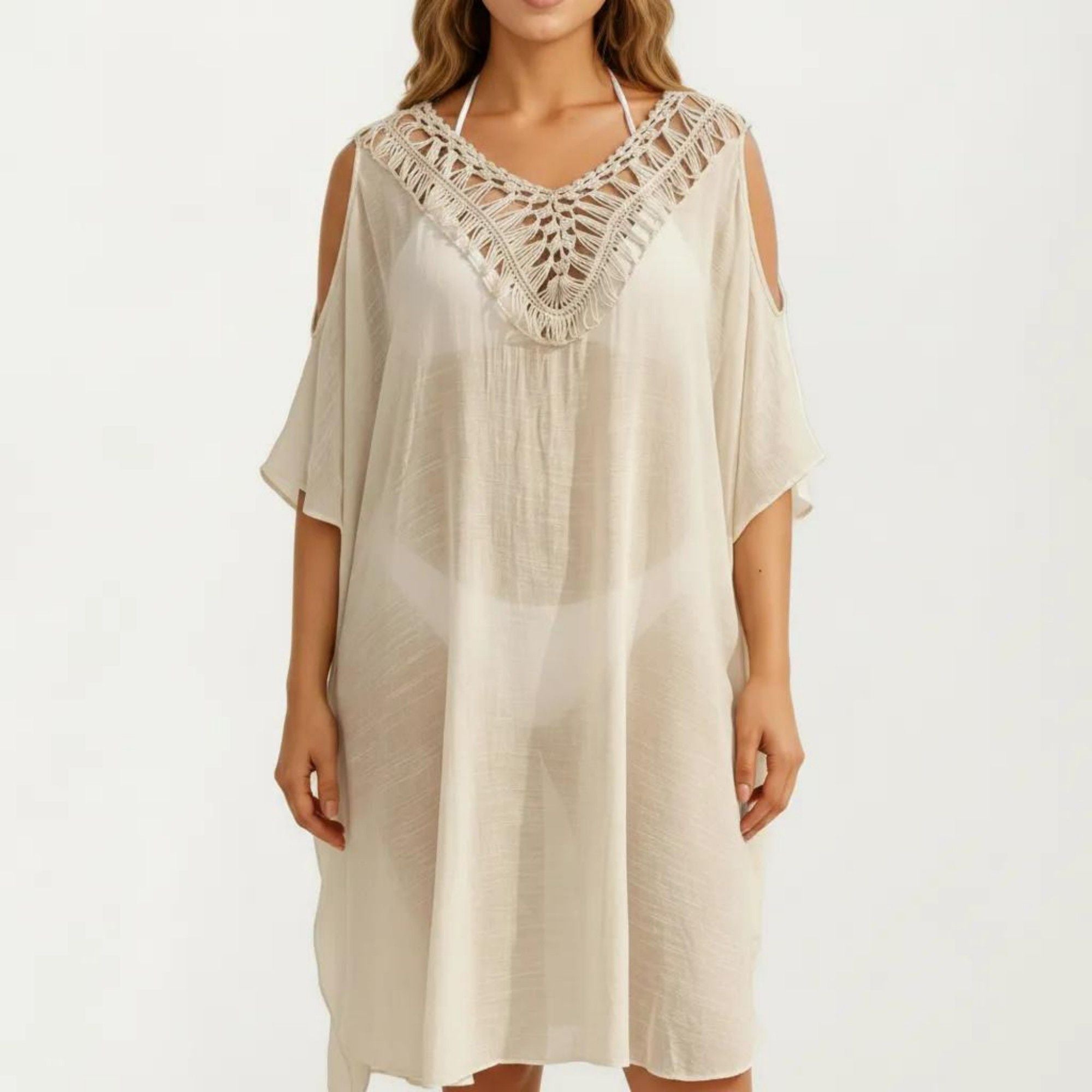 Anna-Kaci Women's Crochet V Neck Swim Cover Up Dress with Cold Shoulder Sleeves and Relaxed Fit