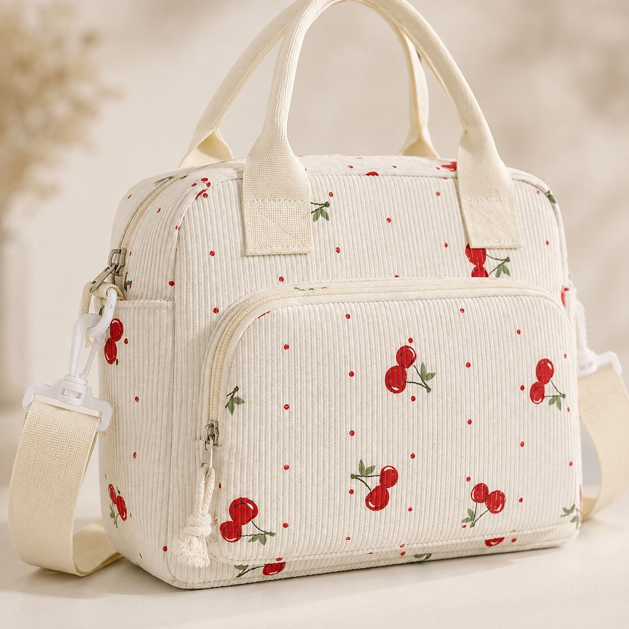 Printed Corduroy Lunch Bag with Adjustable Shoulder Strap