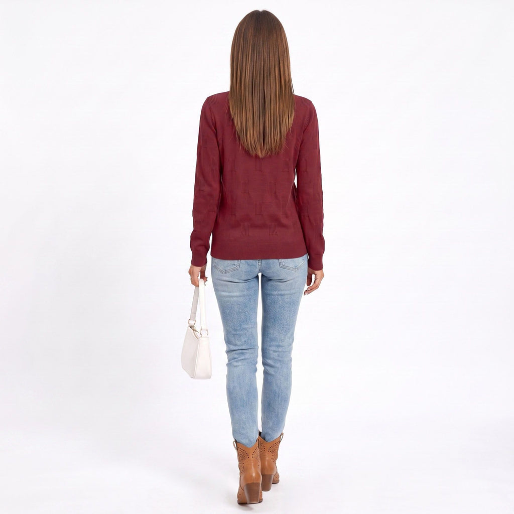 Textured Geometric Crew Neck Long Sleeve Knit Sweater