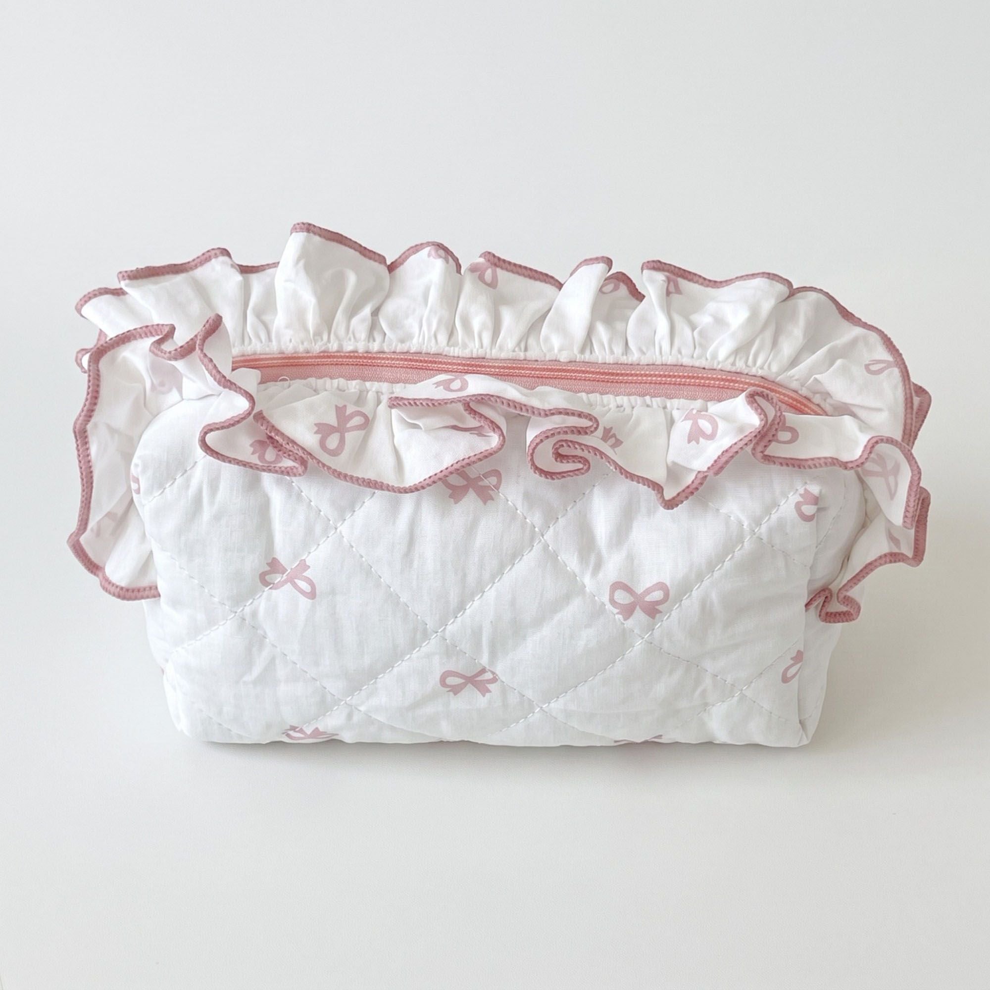 Neceser acolchado con estampado de lazos y ribete con volantes para mujer