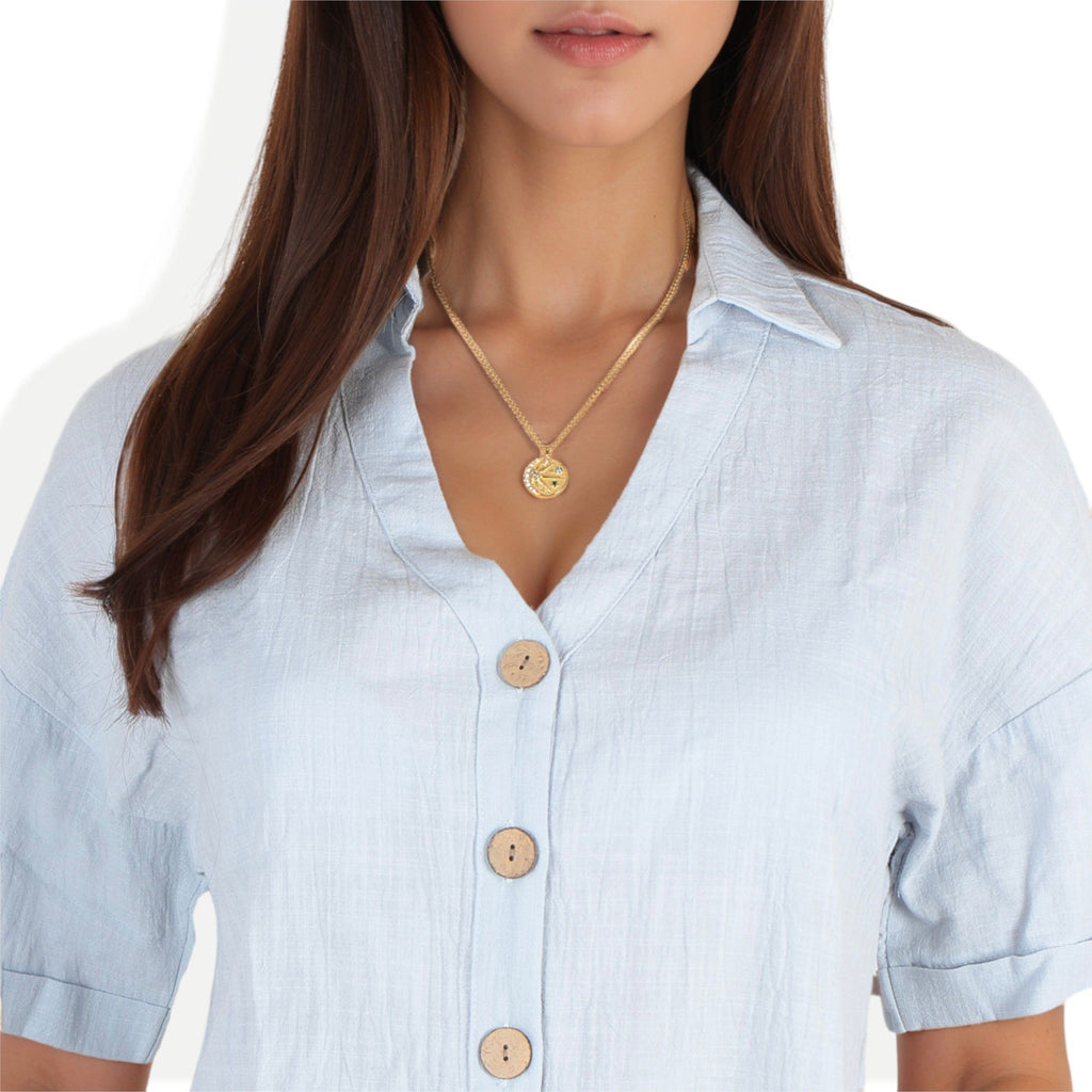 Women's Stainless Steel Necklace with 18K Gold Plated Cosmic Pendant, Zircon Accents, Adjustable Chain