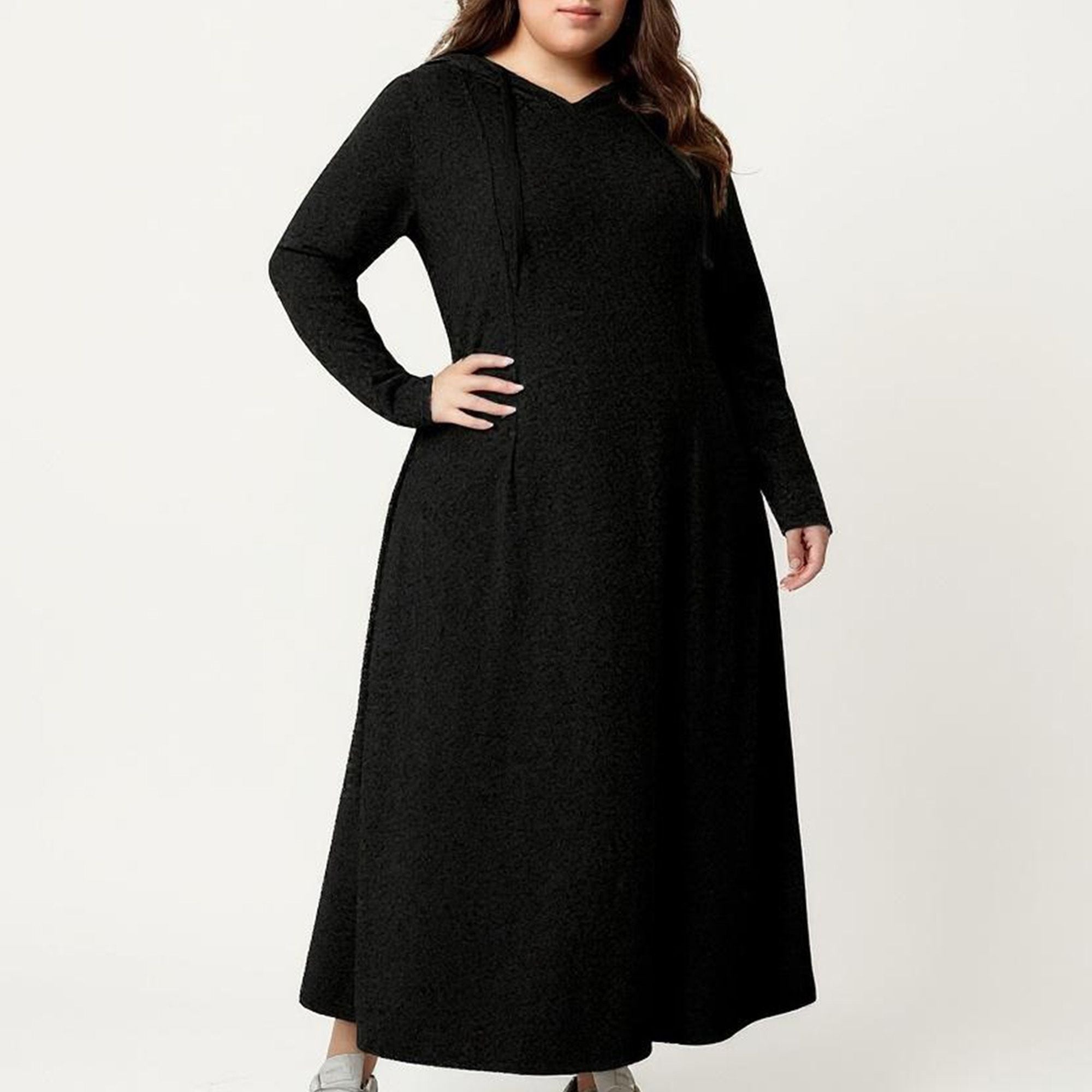 Anna-Kaci Women's Plus Size Long Sleeve Hooded Maxi Dress with Relaxed Fit Silhouette and Soft Flowy Hem