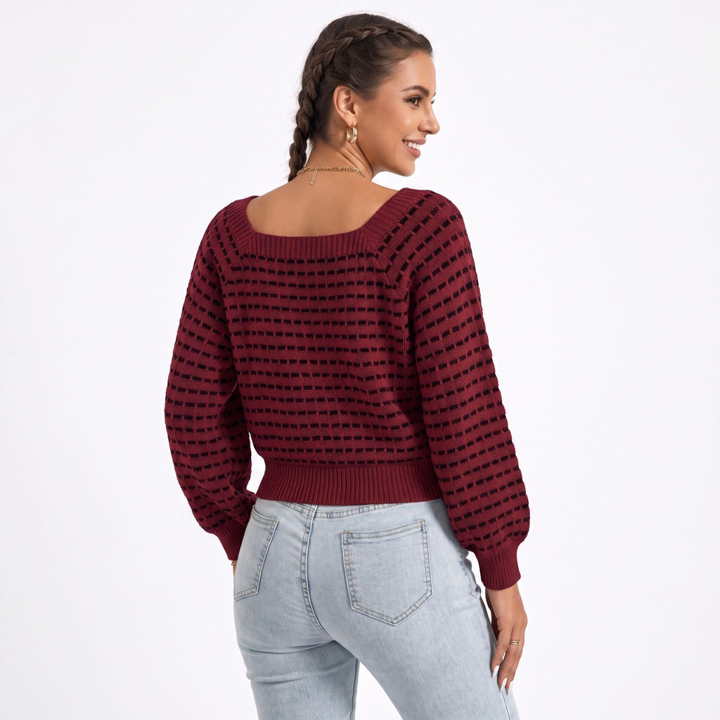 Square Neck Textured Stripe Balloon Sleeve Knit Sweater