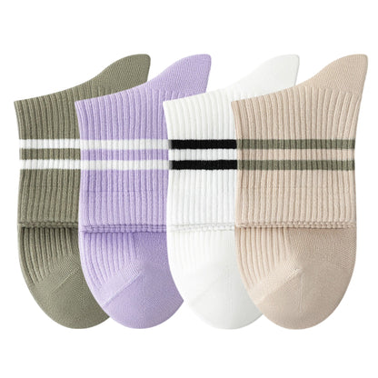 Anna-Kaci Womens Athletic Crew Socks 4-Pack Ribbed Knit Design Contrast Double Stripe Stretch Comfort Everyday Fit