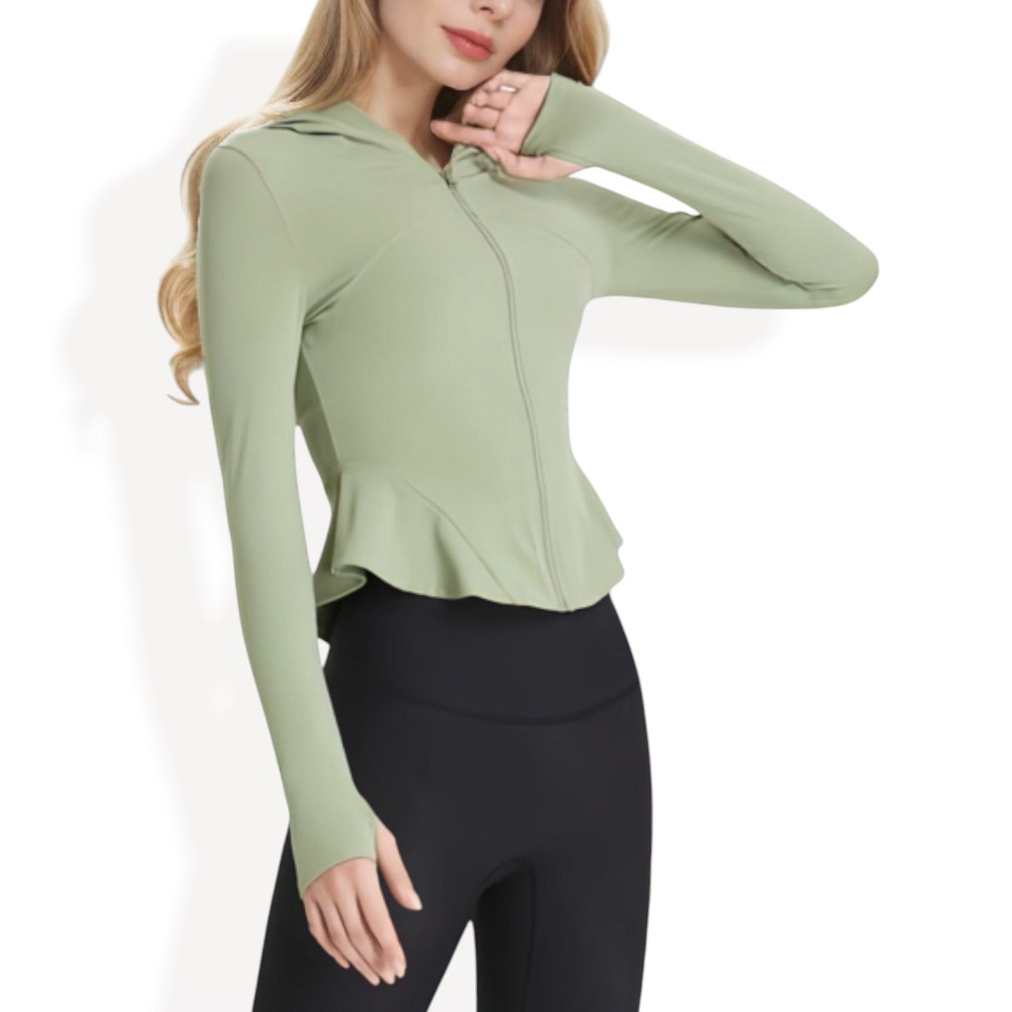 Peplum Hem Active Zip-Up Jacket with Hood and Thumb Holes