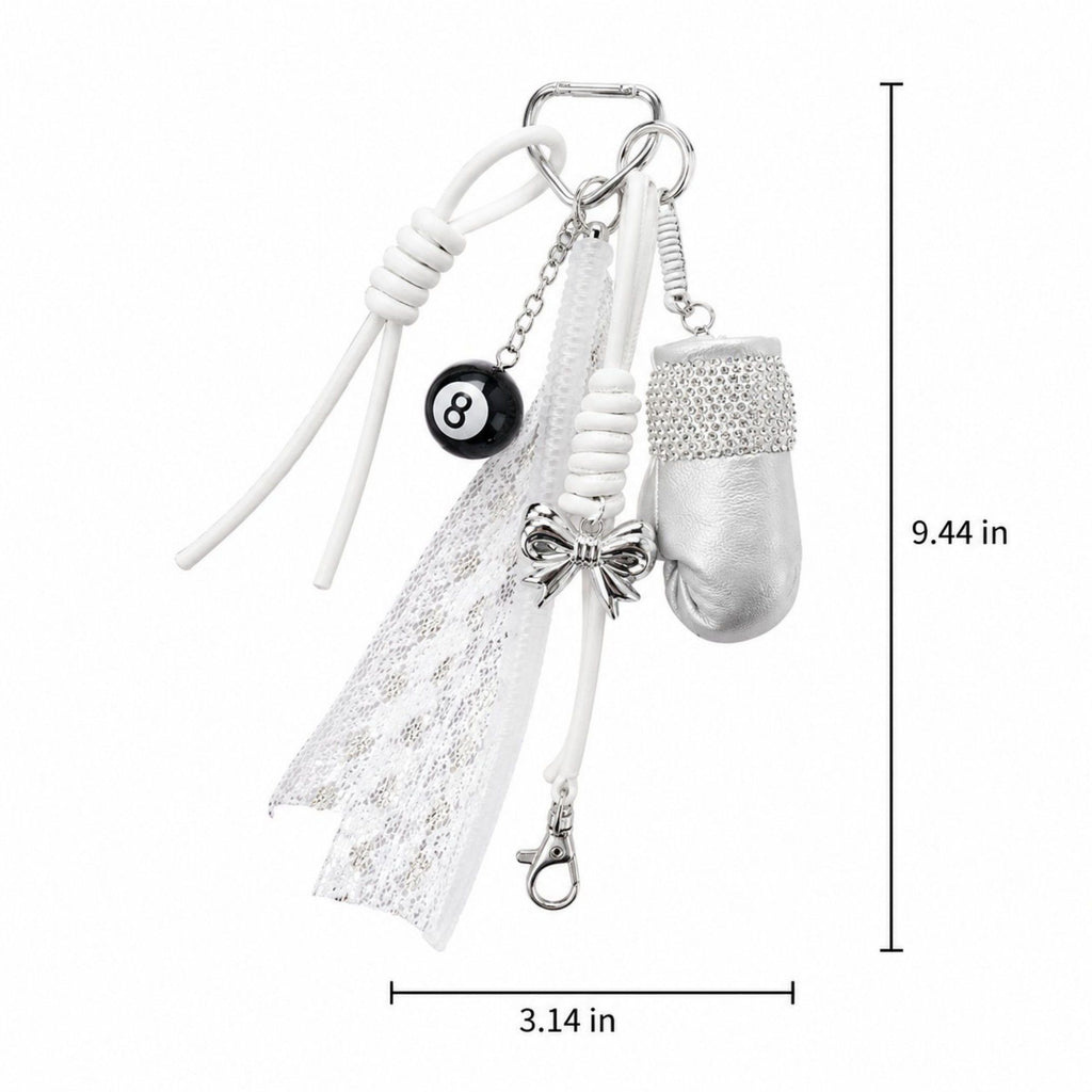 Boxing Glove Keychain Bag Charm with 8 Ball Accent Lace Ribbon and Clip
