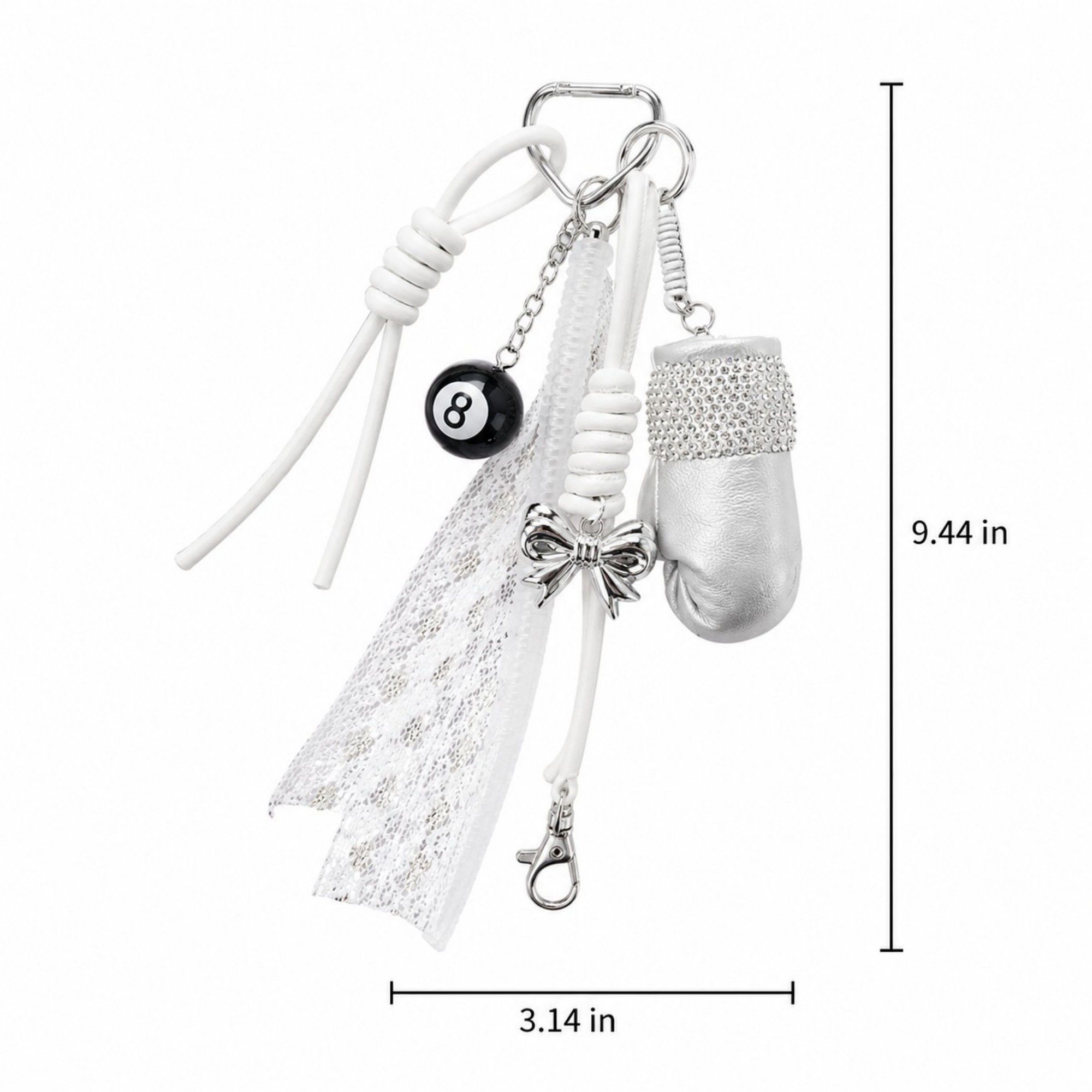 Boxing Glove Keychain Bag Charm with 8 Ball Accent Lace Ribbon and Clip