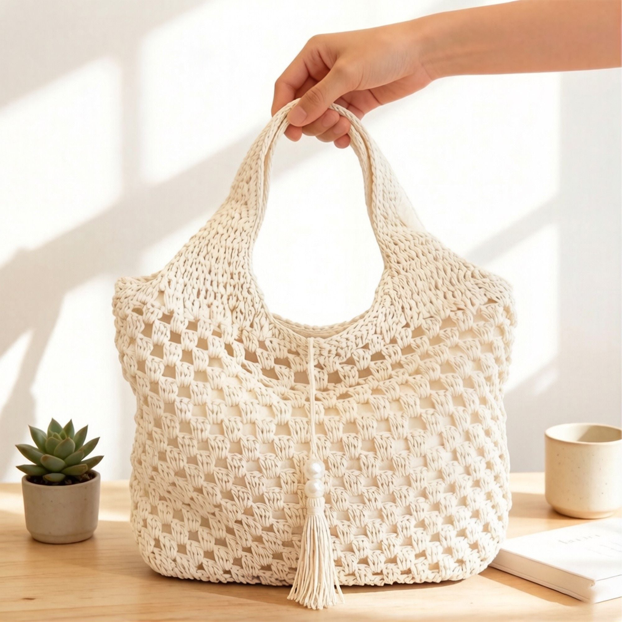 Crochet Shoulder Bag with Tassel Detail Soft Knit Handbag Lightweight Casual Everyday Tote