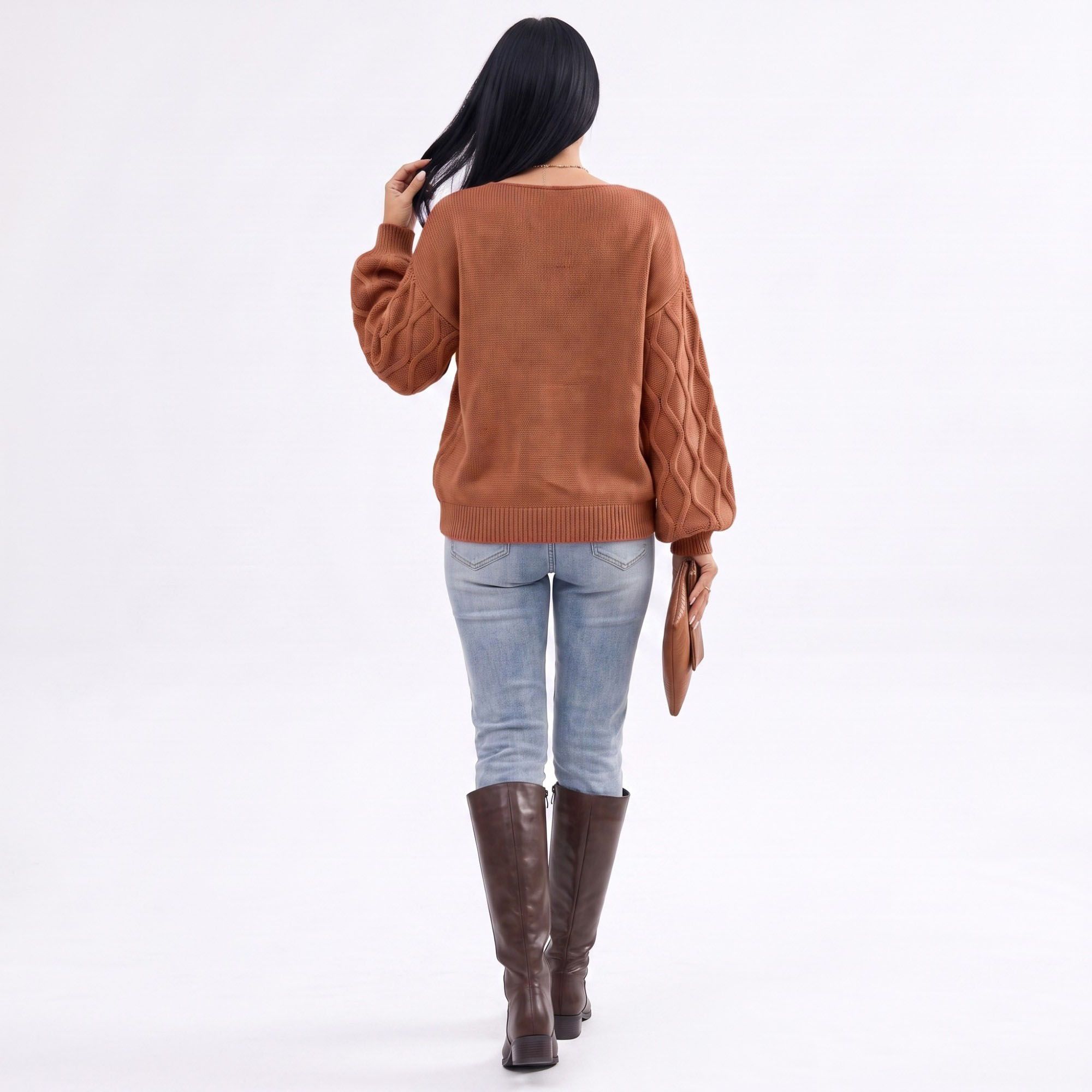 Cable Knit V-Neck Balloon Sleeve Sweater
