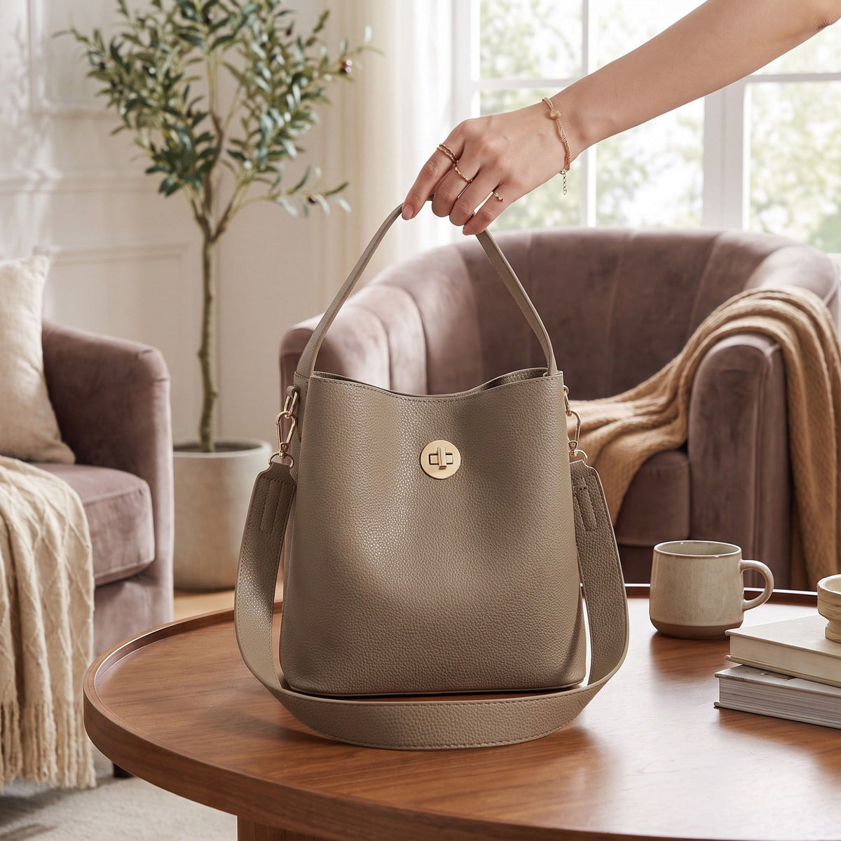 Textured Bucket Bag with Detachable Strap