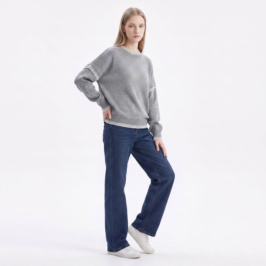 Contrast Stitch Crewneck Long Sleeve Knit Sweater