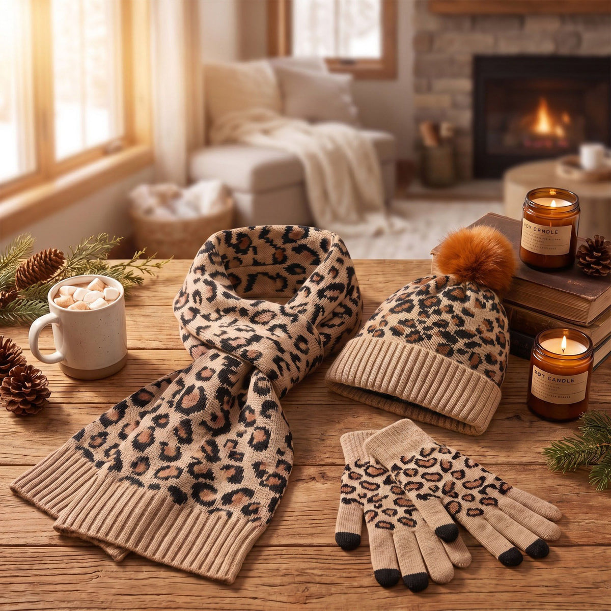 3 Piece Leopard Print Pom Beanie Scarf and Touchscreen Gloves Set
