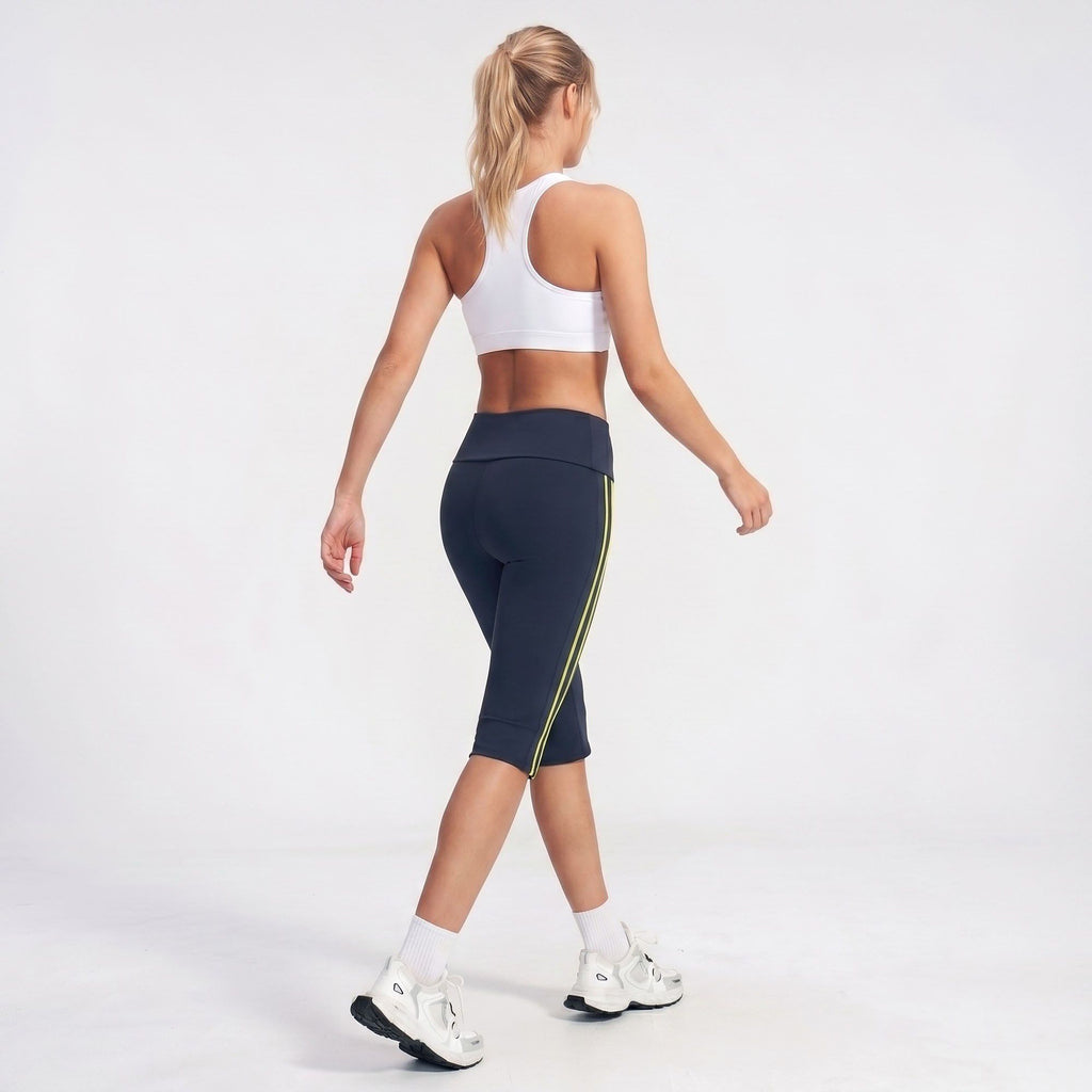High Waist Side Stripe Capri Leggings Wide Waistband Cropped Workout Yoga Pants