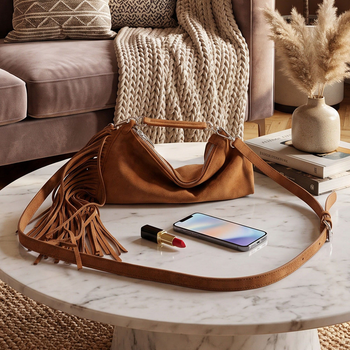 Slouchy Shoulder Handbag with Fringe Tassel and Zipper Closure