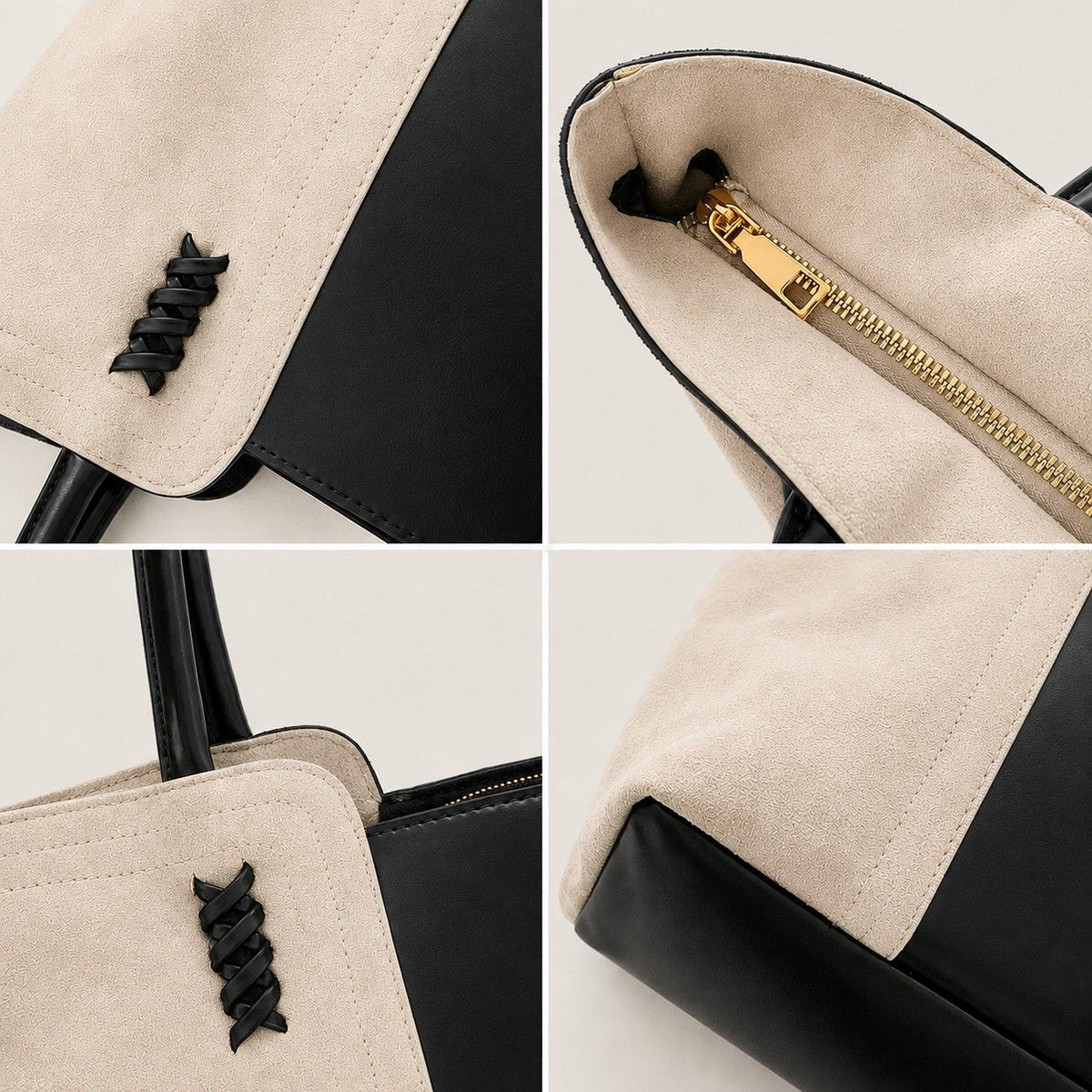 Faux Suede Tote Bag with Double Shoulder Handles Zip Closure and Interior Pockets