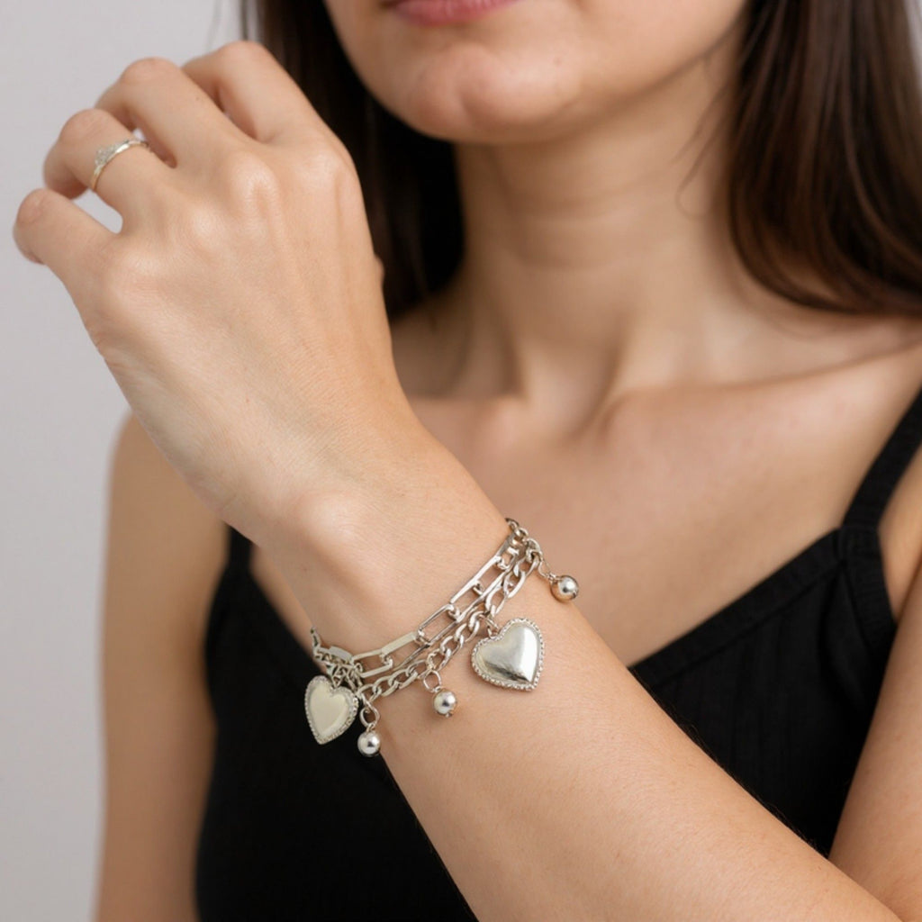Layered Chain Bracelet with Dual Heart Charms and Dangling Bead Accents for a Playful Feminine Accessory with Modern Detail