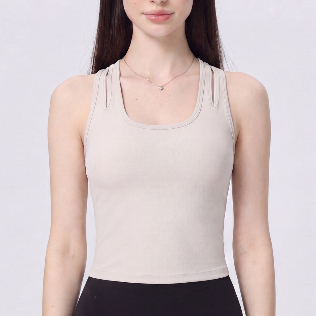 Sleeveless Yoga Tank Top with Built In Padding Scoop Neck Cutout Strap Detail and Fitted Activewear Silhouette
