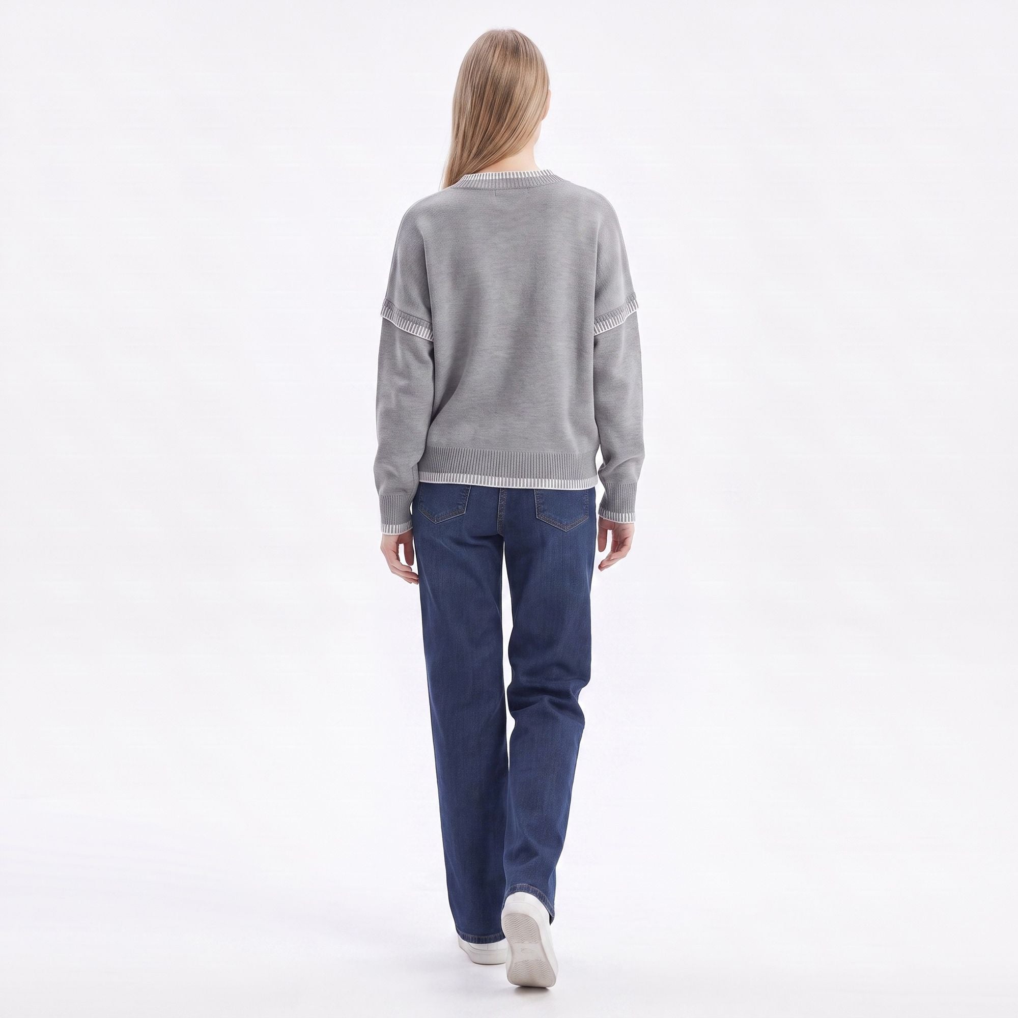 Contrast Stitch Crewneck Long Sleeve Knit Sweater