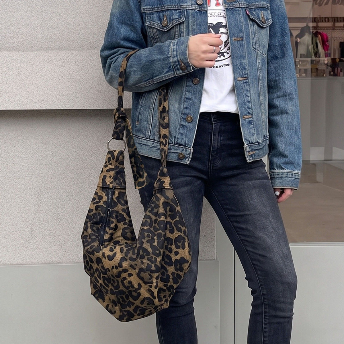 Leopard Print Shoulder Bag with Knotted Strap and Zipper Closure
