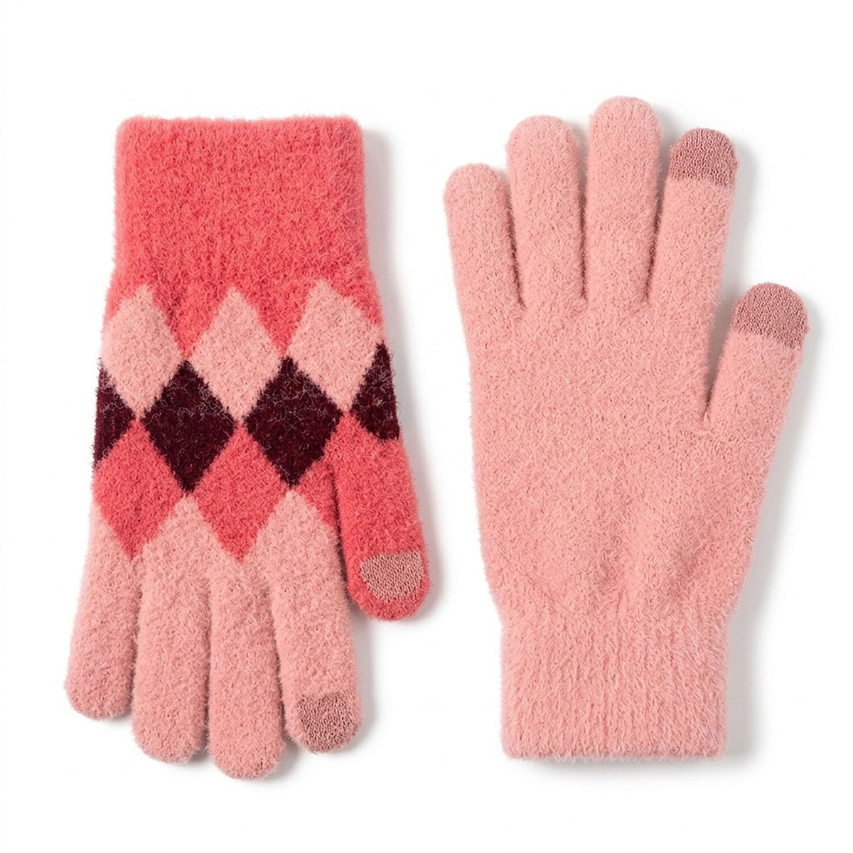 Fuzzy Argyle Touchscreen Gloves for Cold Weather