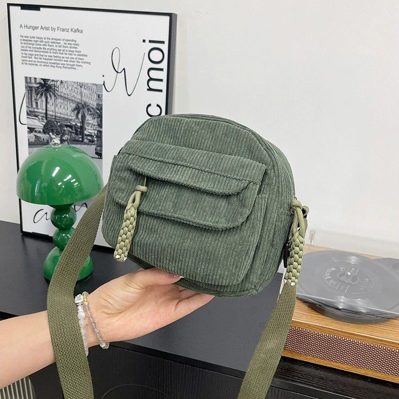 Corduroy Crossbody Bag with Front Pocket Adjustable Strap and Zip Closure