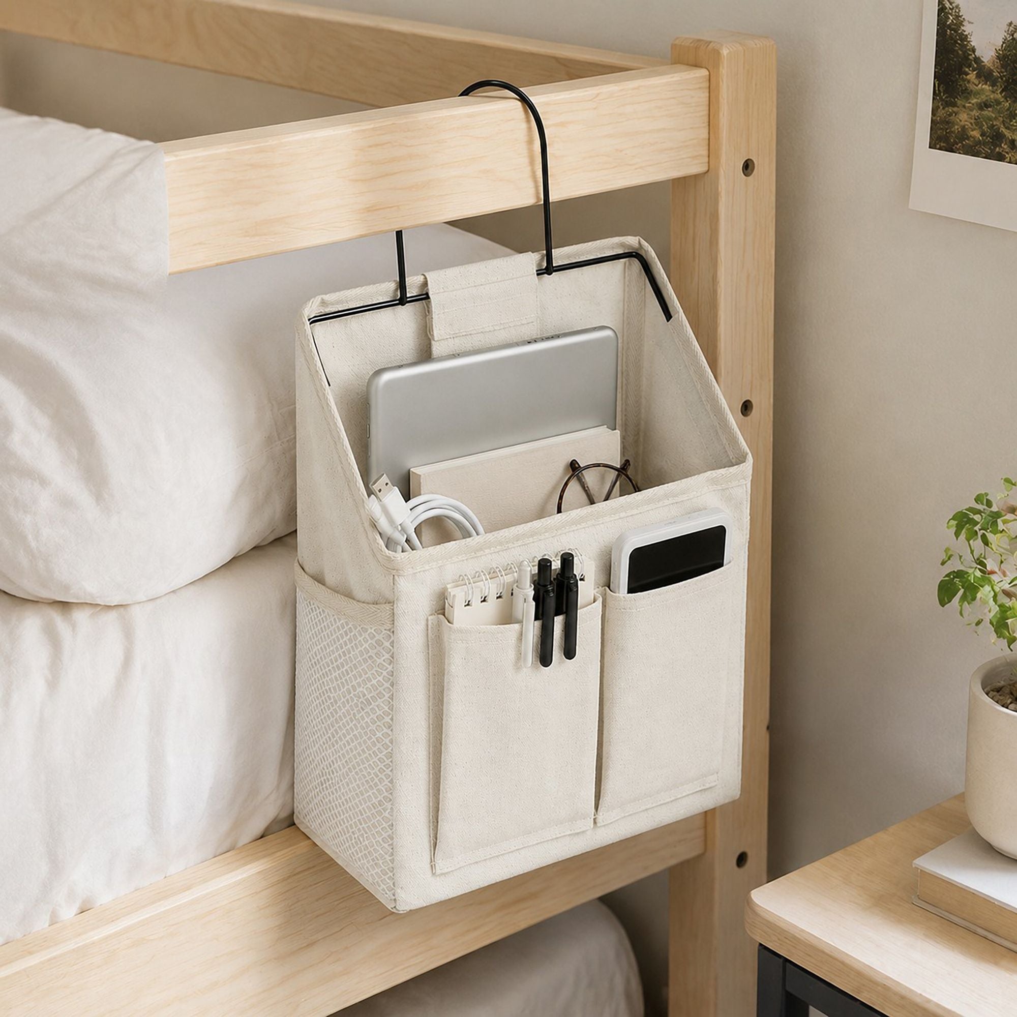 Hanging Bedside Storage Caddy with Metal Frame and Multiple Pockets Bed Rail Organizer