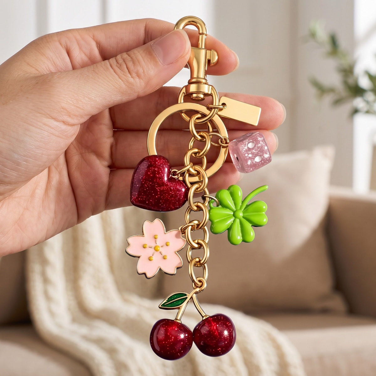 Cherry Clover Flower Bag Charm Keychain with Heart and Dice Pendants