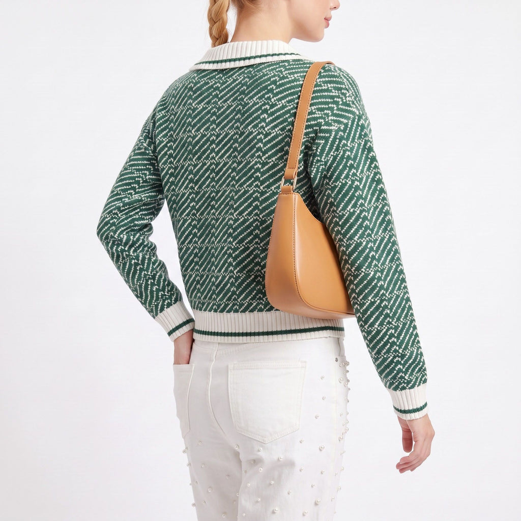Geometric Knit Polo Collar Long Sleeve Sweater
