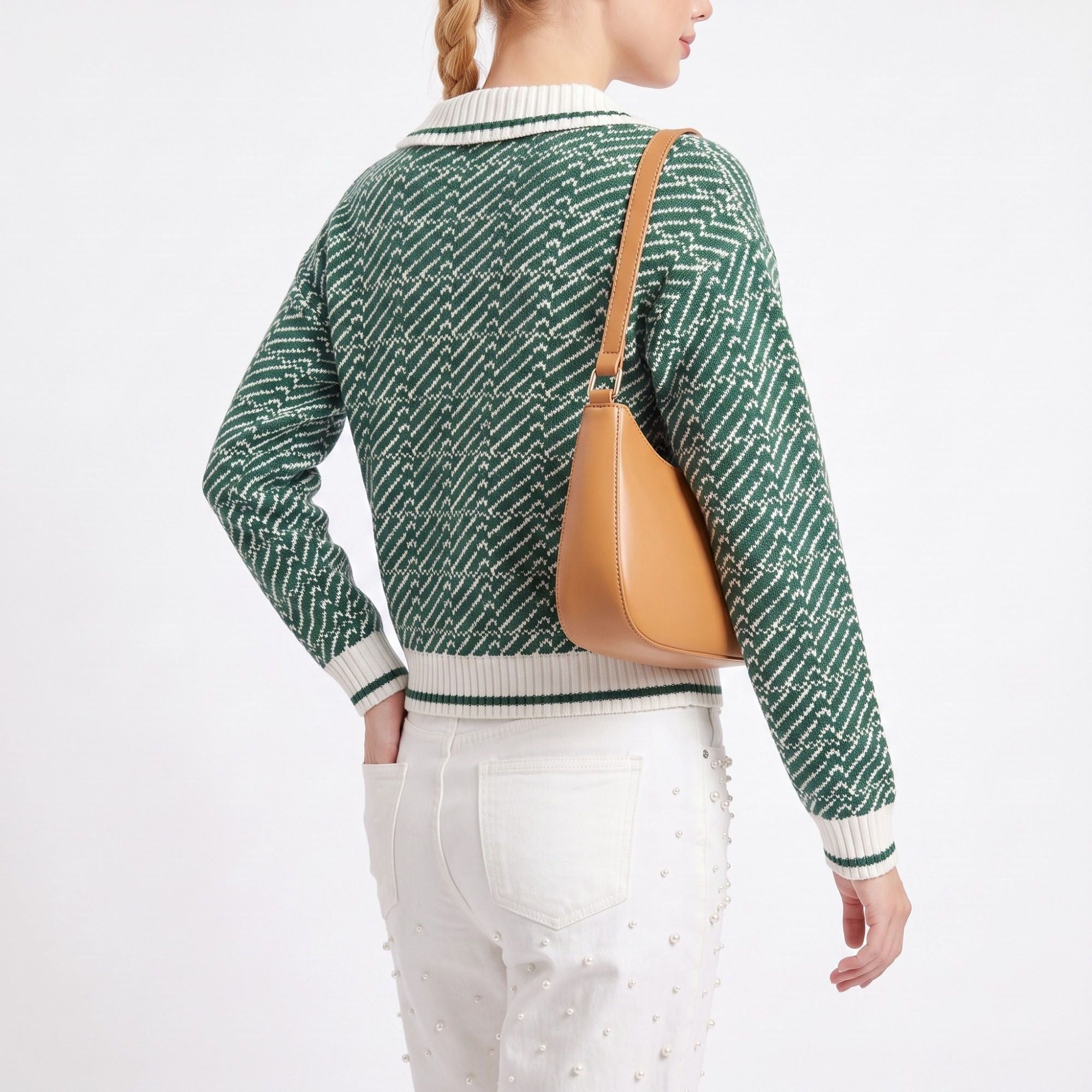 Geometric Knit Polo Collar Long Sleeve Sweater