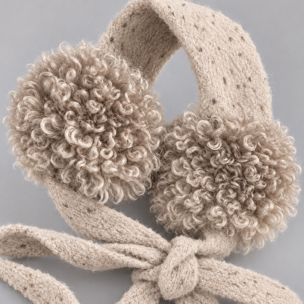 Curly Plush Winter Earmuffs with Speckled Knit Ties