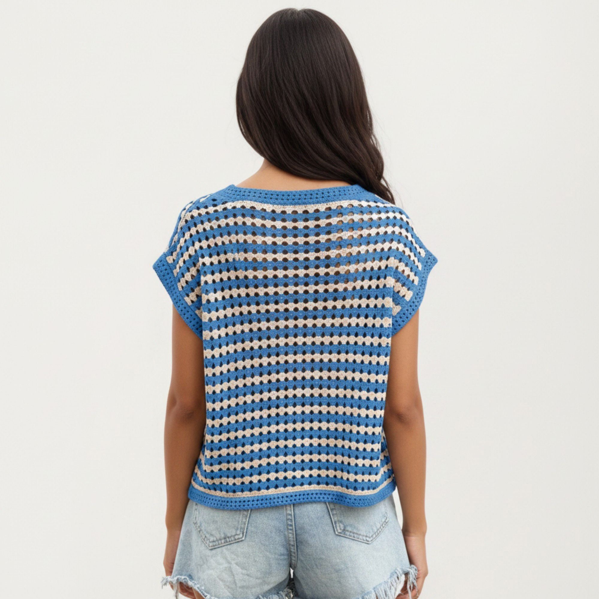 Anna-Kaci Women's Short Sleeve Striped Crochet Knit Top with Open Stitch Texture and Relaxed Fit