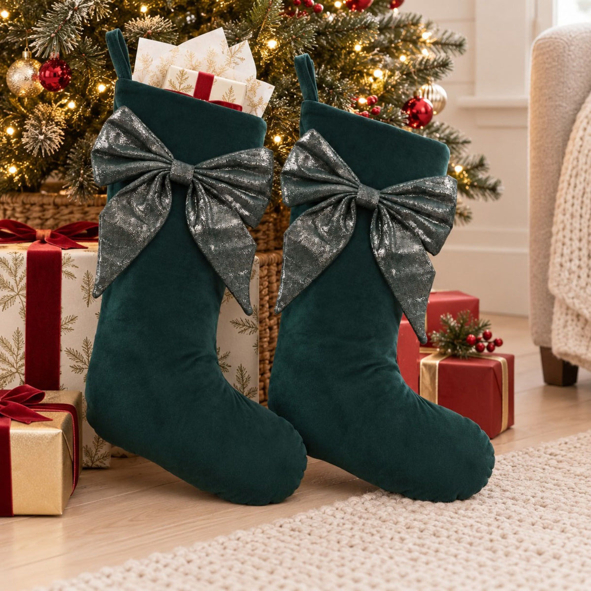 2 Pack 18 Inch Christmas Stockings with Oversized Bow Hanging Loop Holiday Mantel Decor