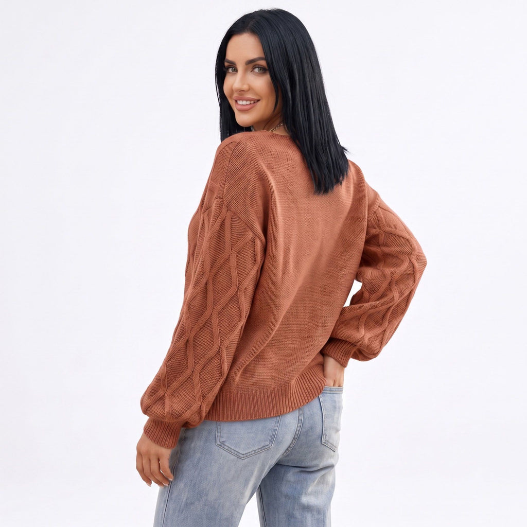 Cable Knit V-Neck Balloon Sleeve Sweater
