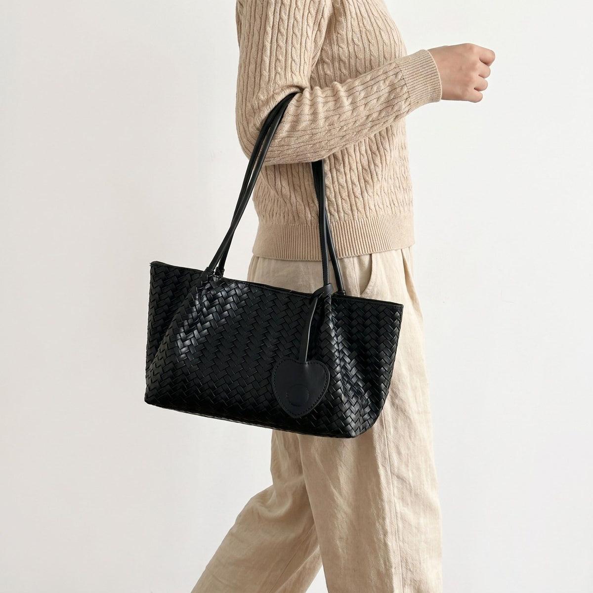 Woven Tote Bag with Heart Charm