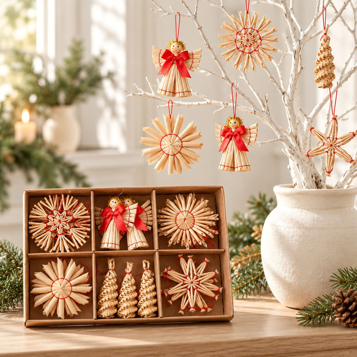 56ct Straw Christmas Tree Ornaments Assorted Holiday Decorations Gift