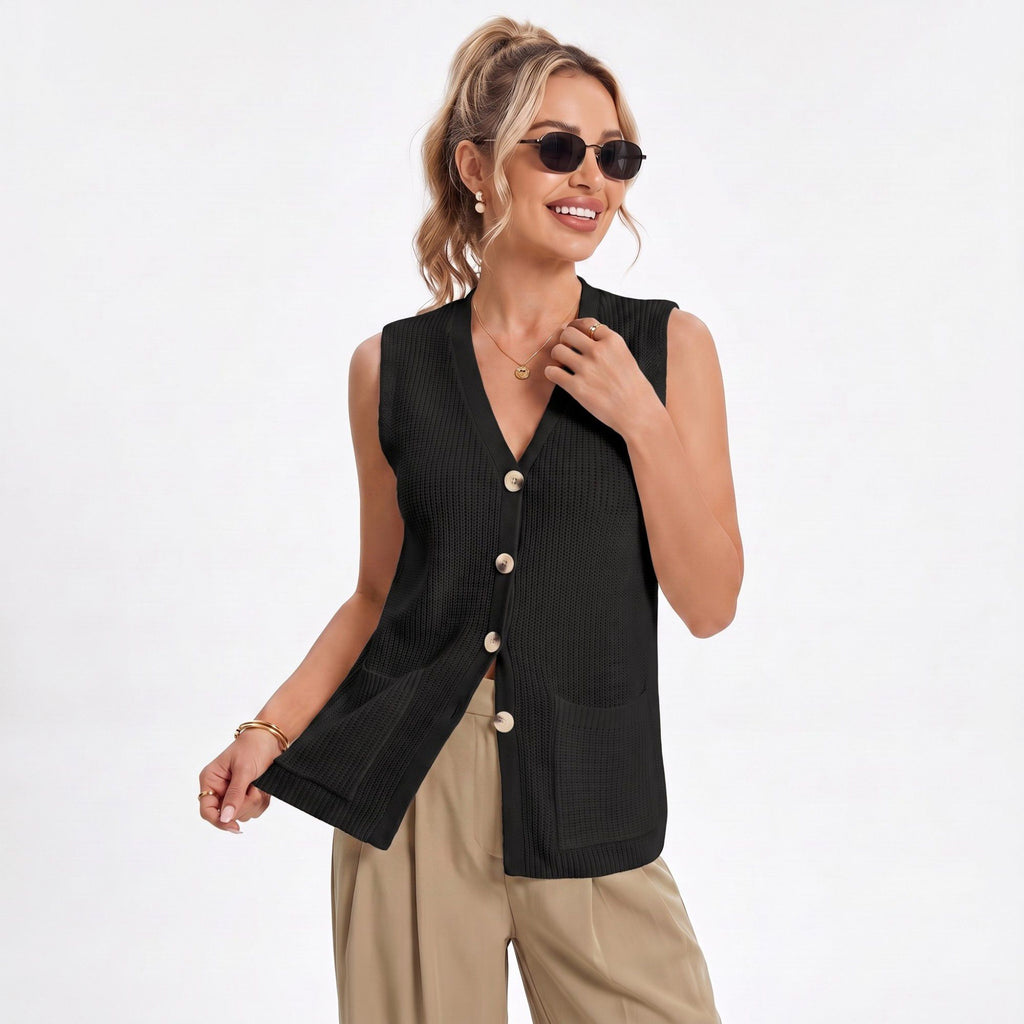 Anna-Kaci Women's Button Front Sweater Vest V Neck Sleeveless Knit Pocket Top