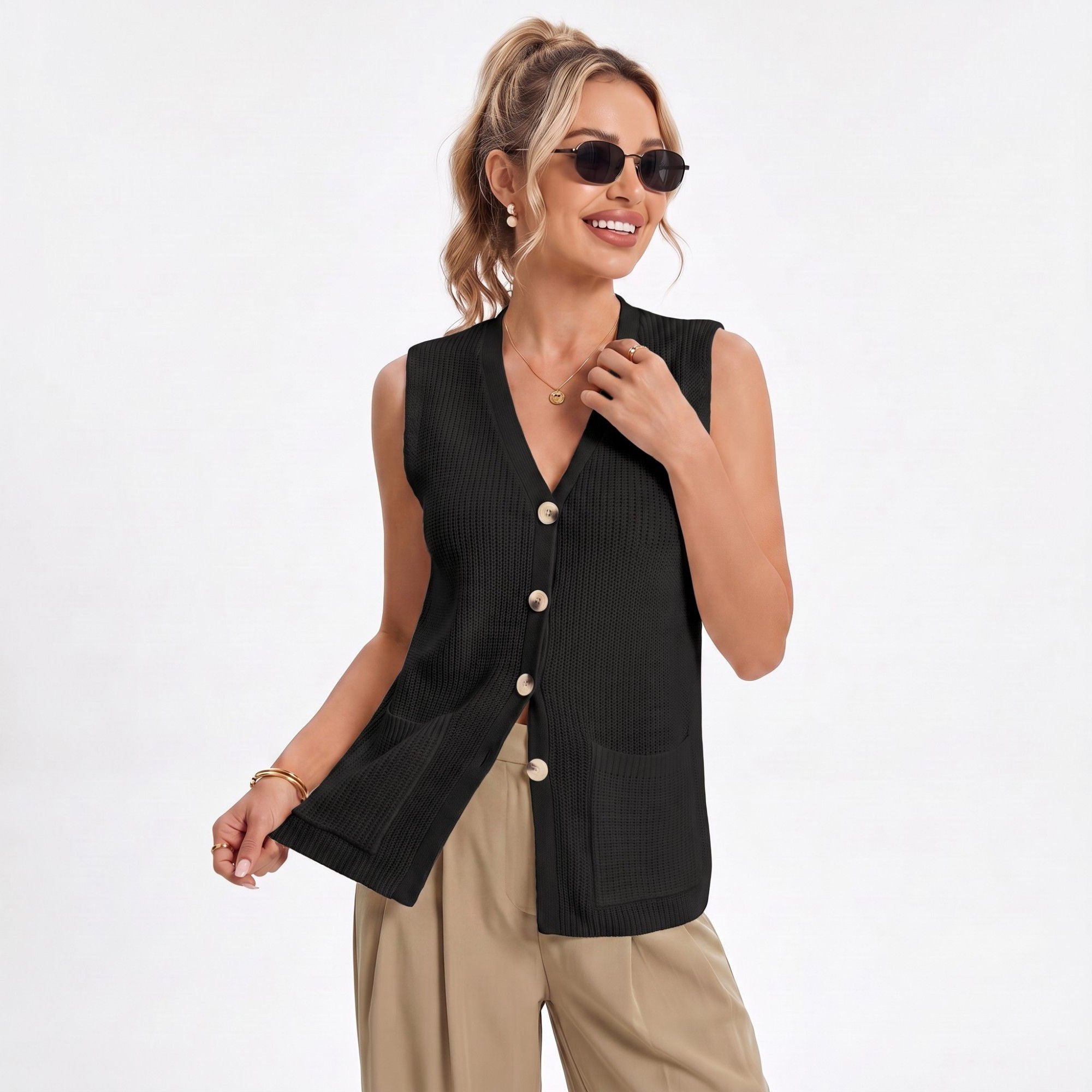 Anna-Kaci Women's Button Front Sweater Vest V Neck Sleeveless Knit Pocket Top