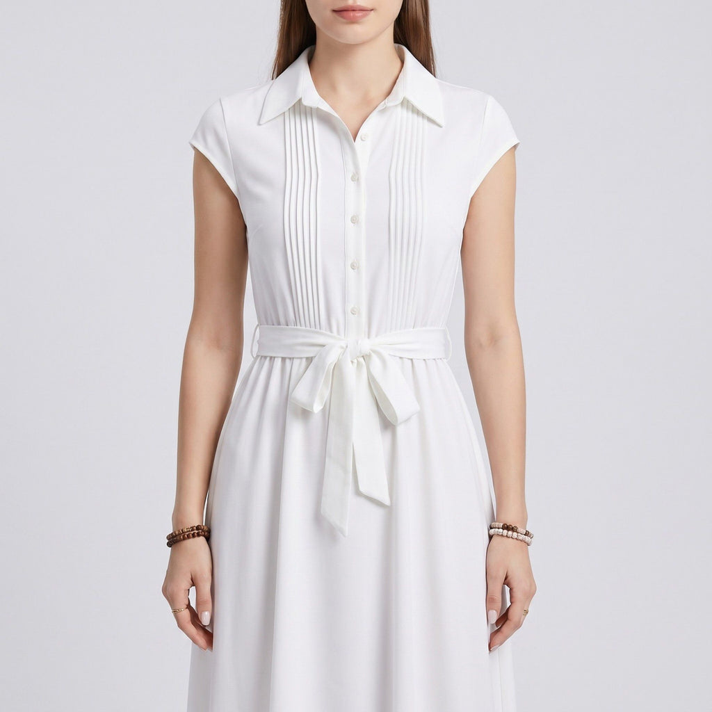 Collared Button Front Cap Sleeve Midi Shirt Dress with Pintuck Bodice Tie Waist and Flowy A Line Skirt