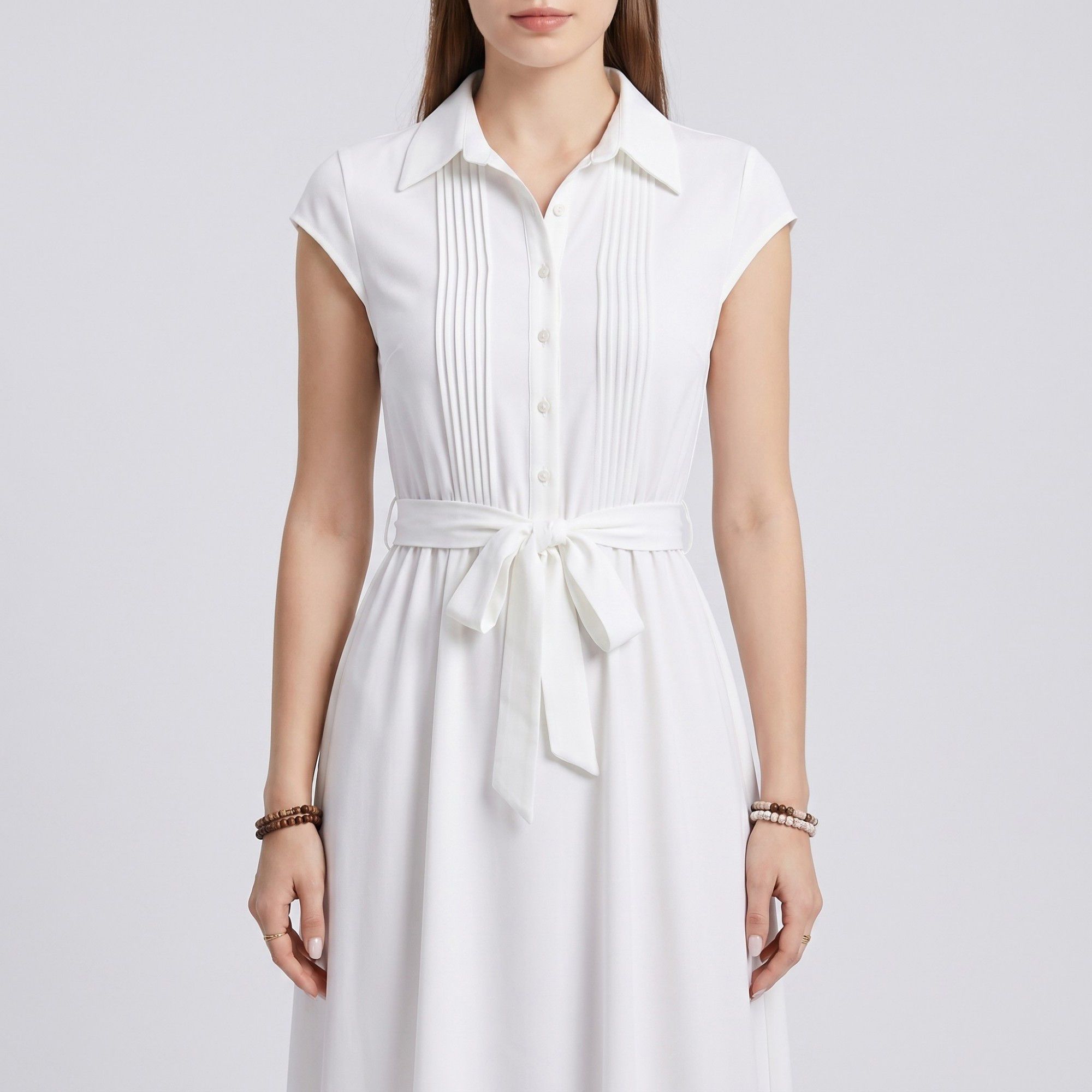 Collared Button Front Cap Sleeve Midi Shirt Dress with Pintuck Bodice Tie Waist and Flowy A Line Skirt