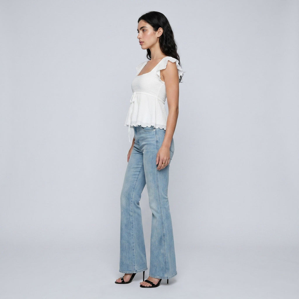 Anna-Kaci Womens Square Neck Peplum Top with Ruffle Cap Sleeves Front Tie Detail and Textured Fabric