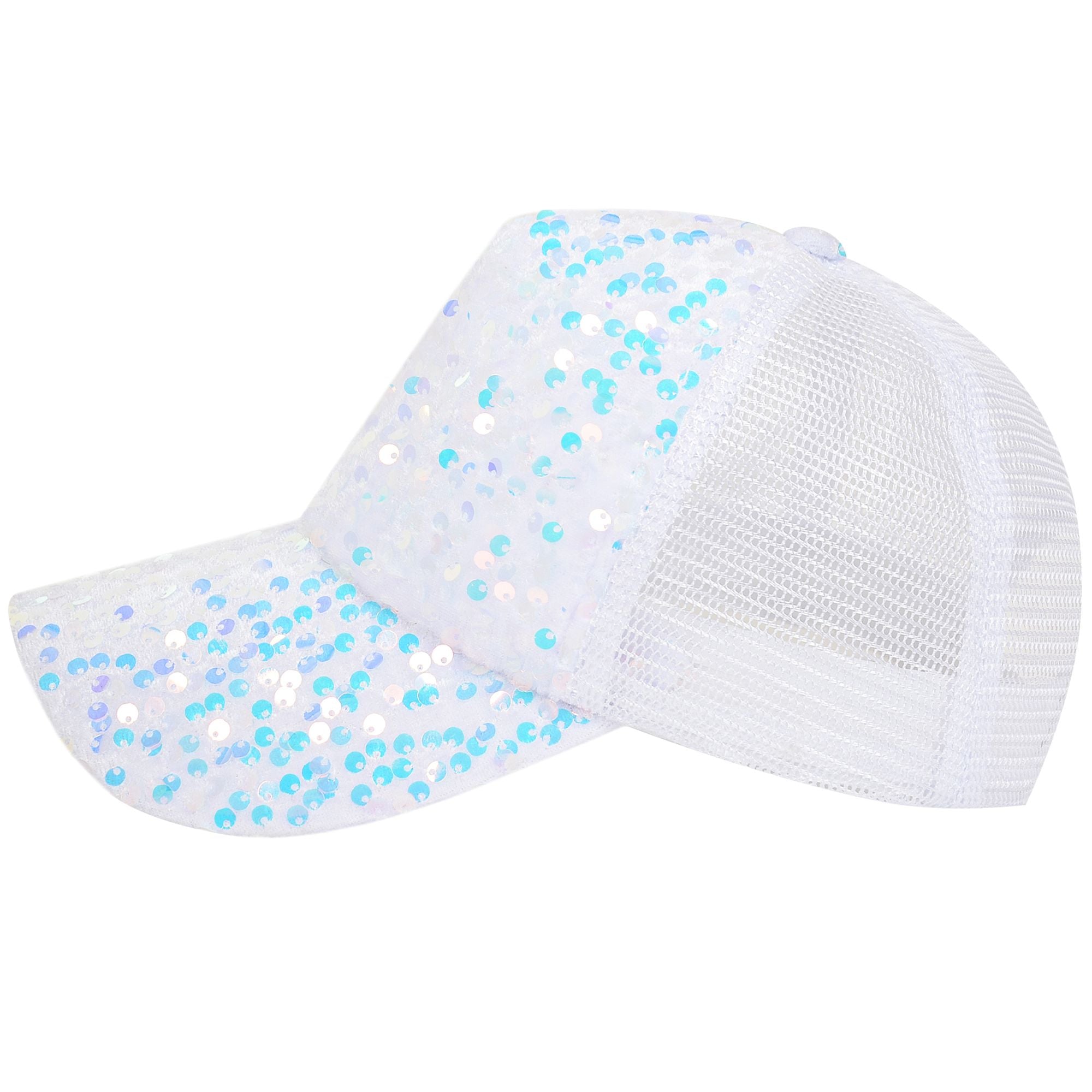 Anna-Kaci Women's Sparkly Sequin Baseball Cap Messy Low Bun Ponycap Velvet Mesh Trucker Hat