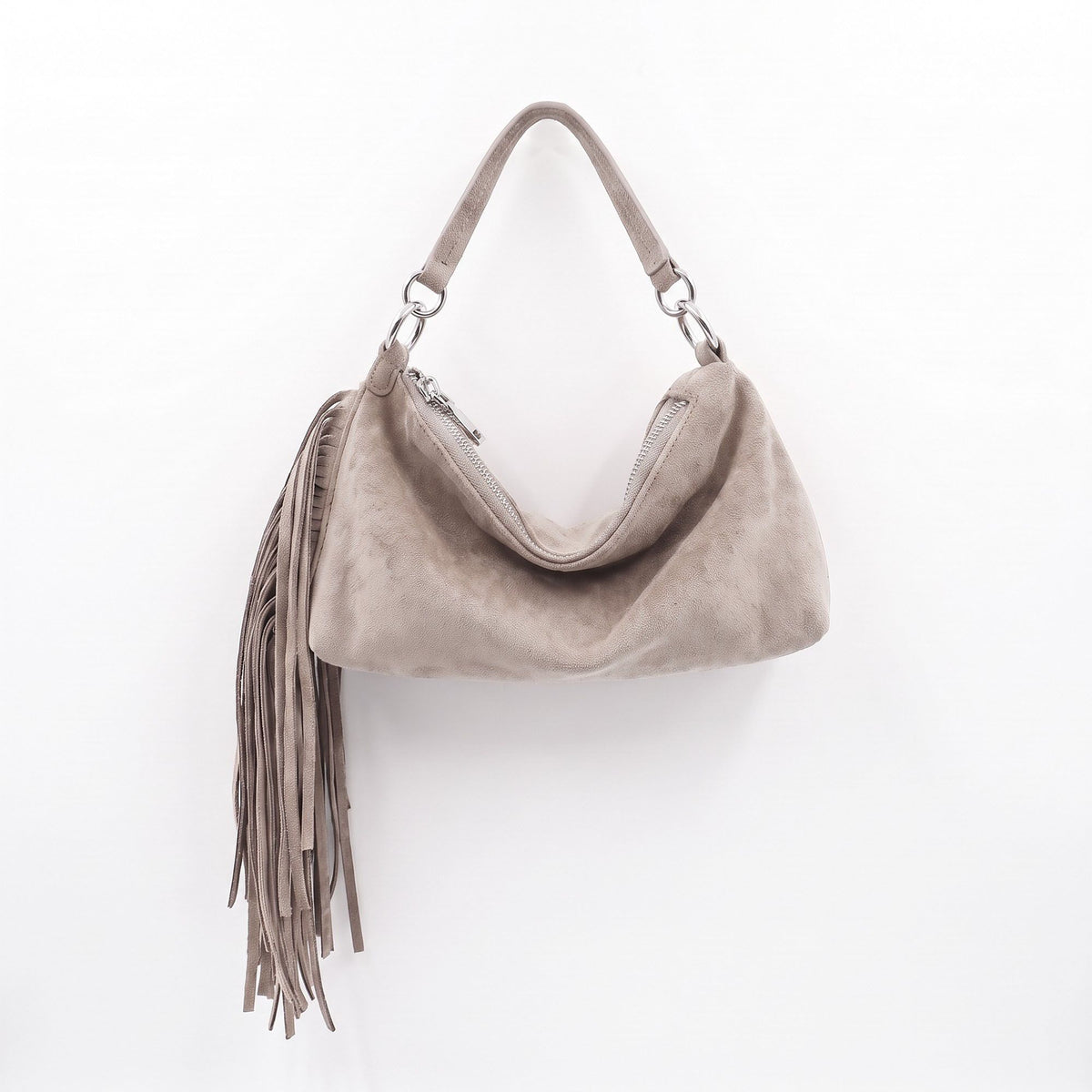 Slouchy Shoulder Handbag with Fringe Tassel and Zipper Closure
