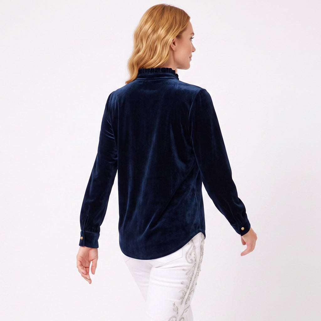 Velvet Ruffle Neck Button Front Long Sleeve Blouse