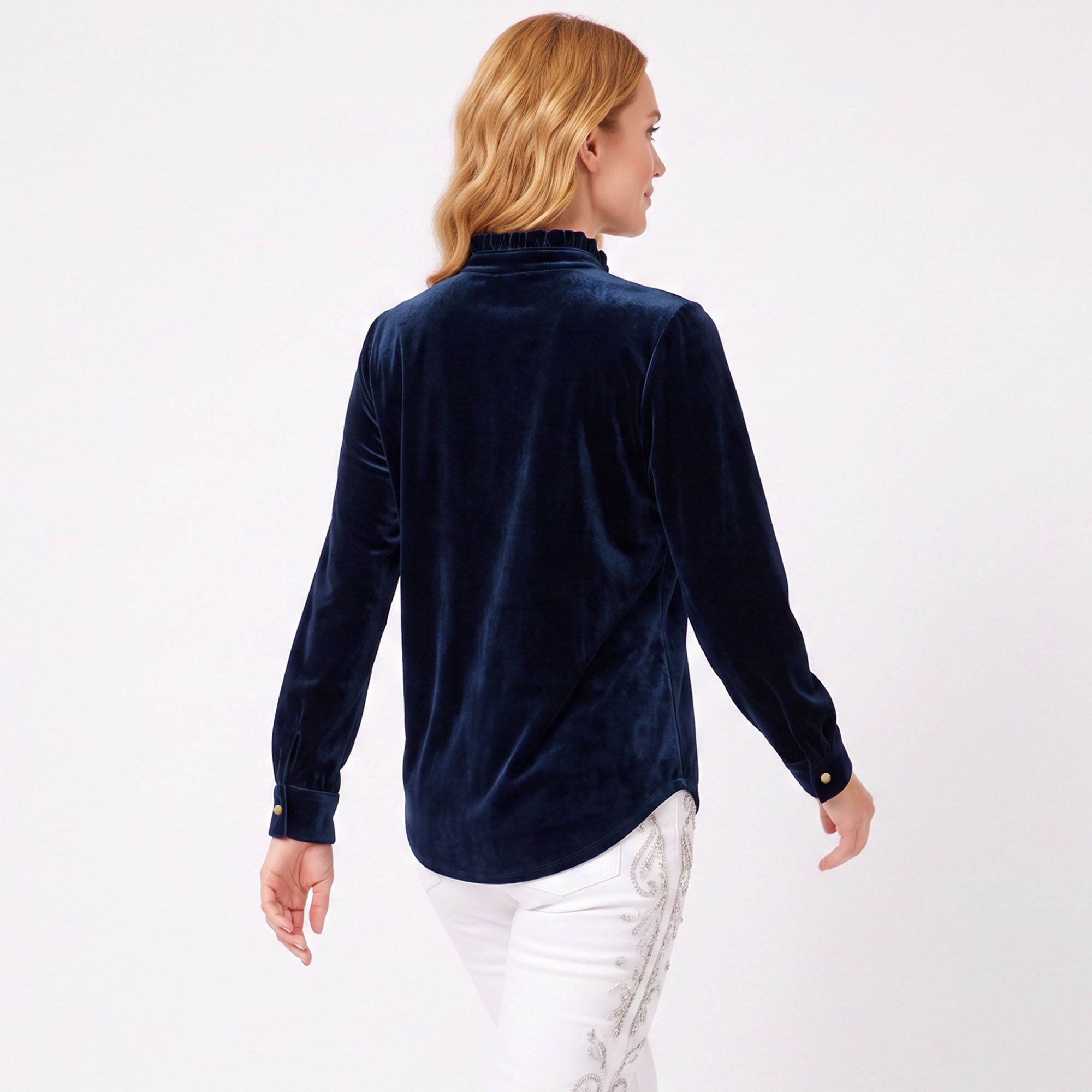 Velvet Ruffle Neck Button Front Long Sleeve Blouse