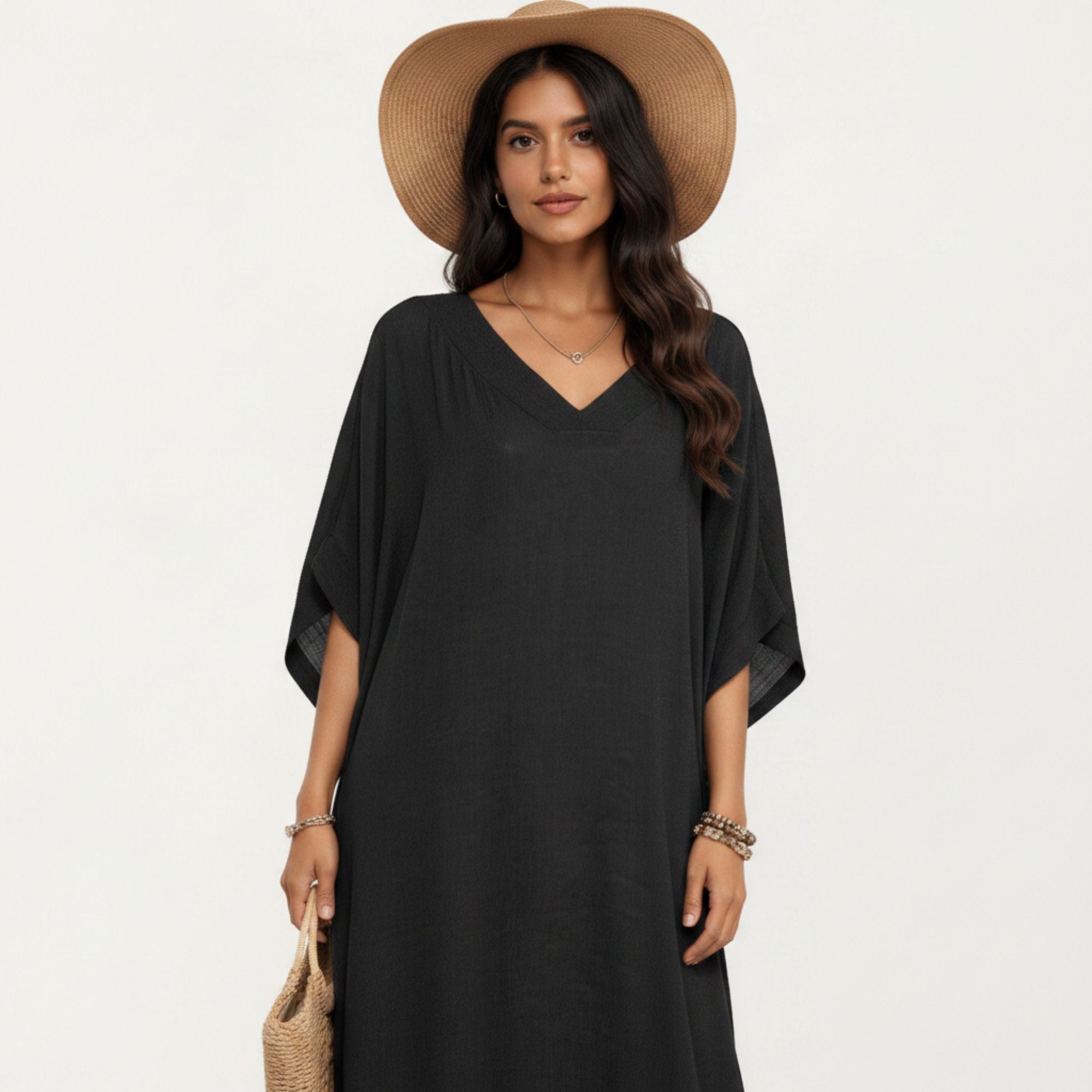 Anna-Kaci Women's V-Neck Maxi Swim Cover Up Dress Loose Short Sleeve Lightweight Beach Caftan