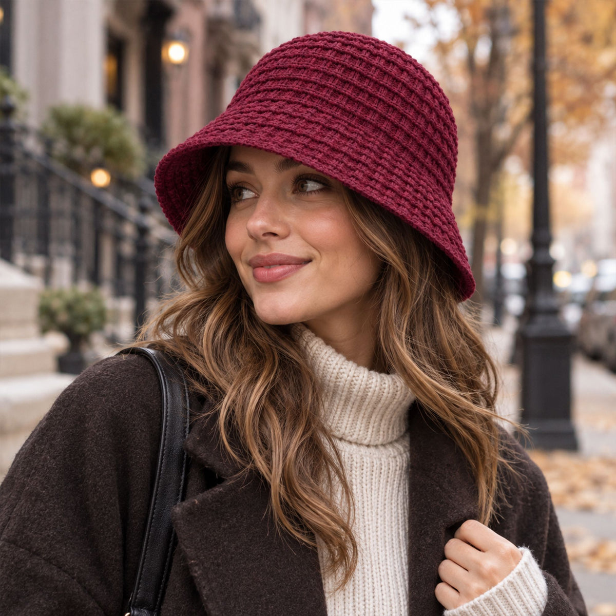 Waffle Knit Bucket Hat with Soft Textured Brim