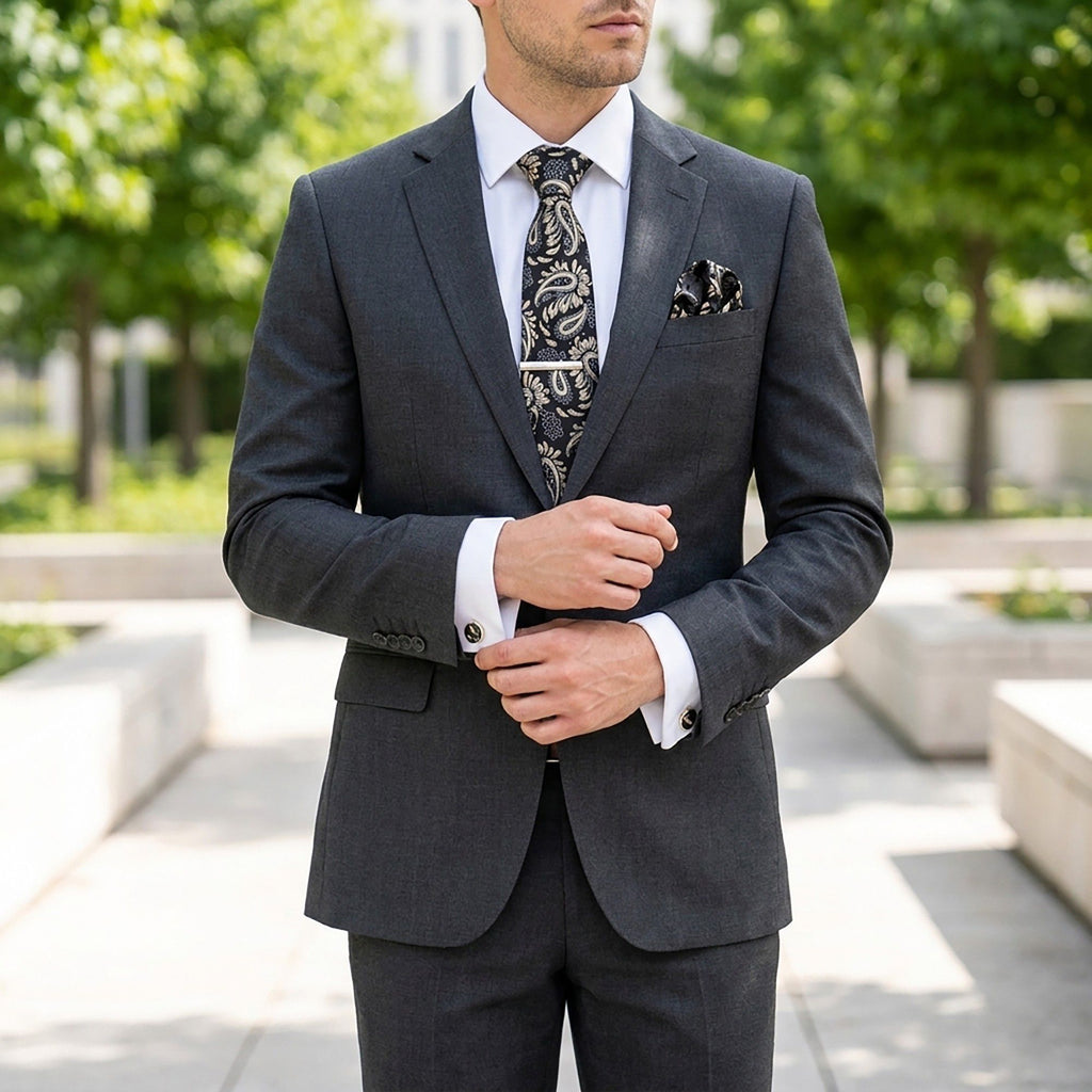 Men's Paisley Floral Tie Gift Set with Matching Pocket Square Cufflinks and Silver Tie Clip