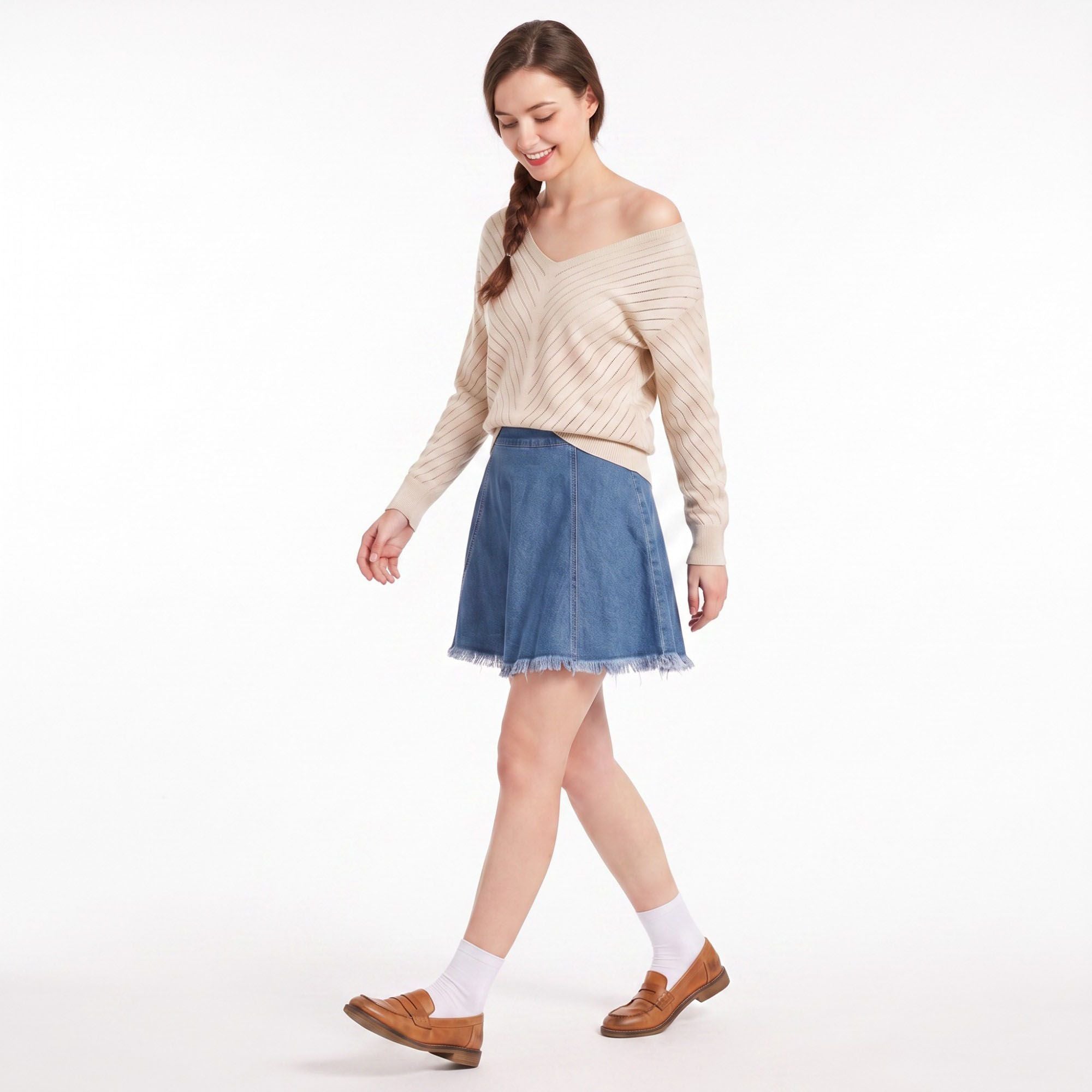 V-Neck Chevron Pointelle Knit Long Sleeve Sweater