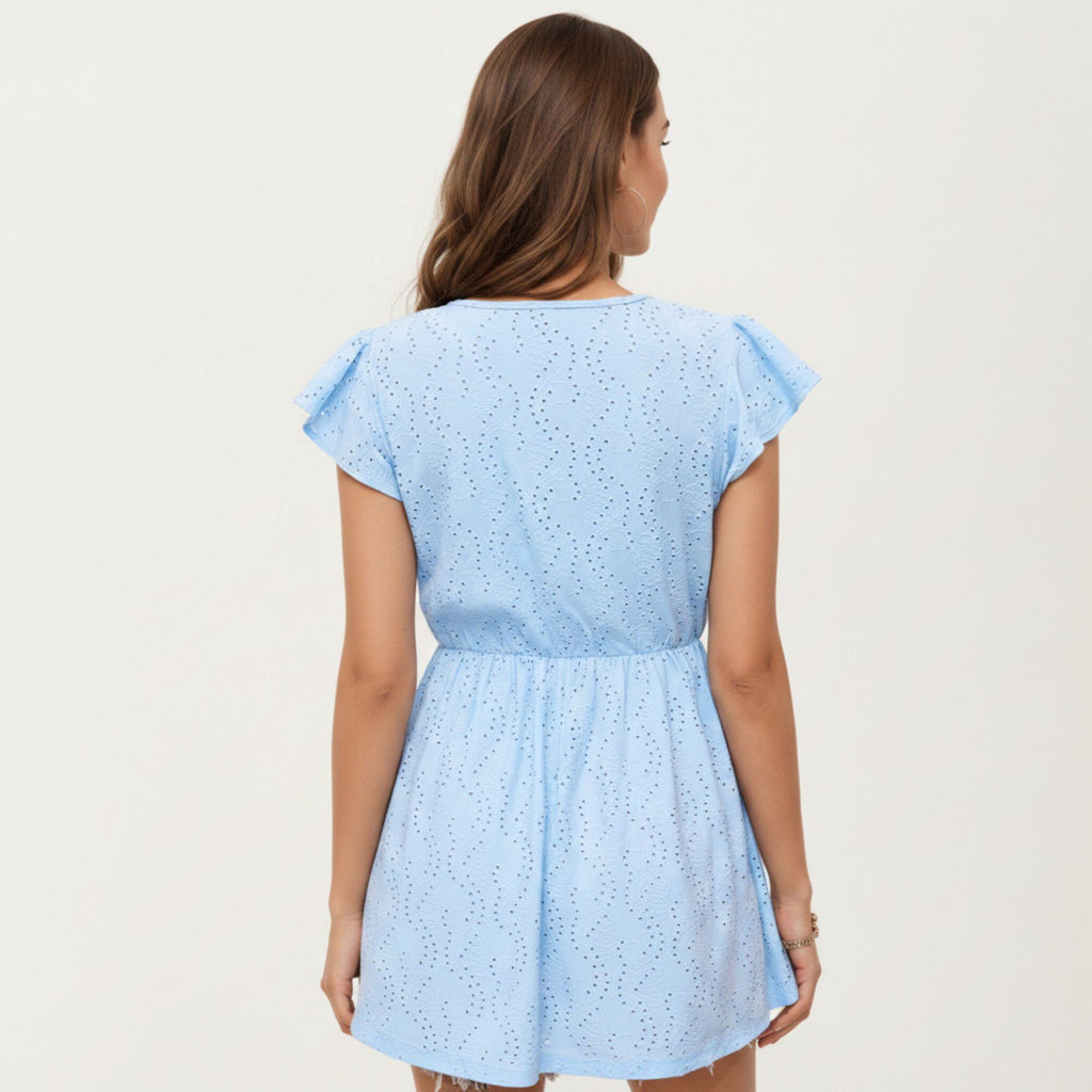 Anna-Kaci Women's Eyelet Babydoll Top with V-Neckline Button Front and Flutter Sleeves