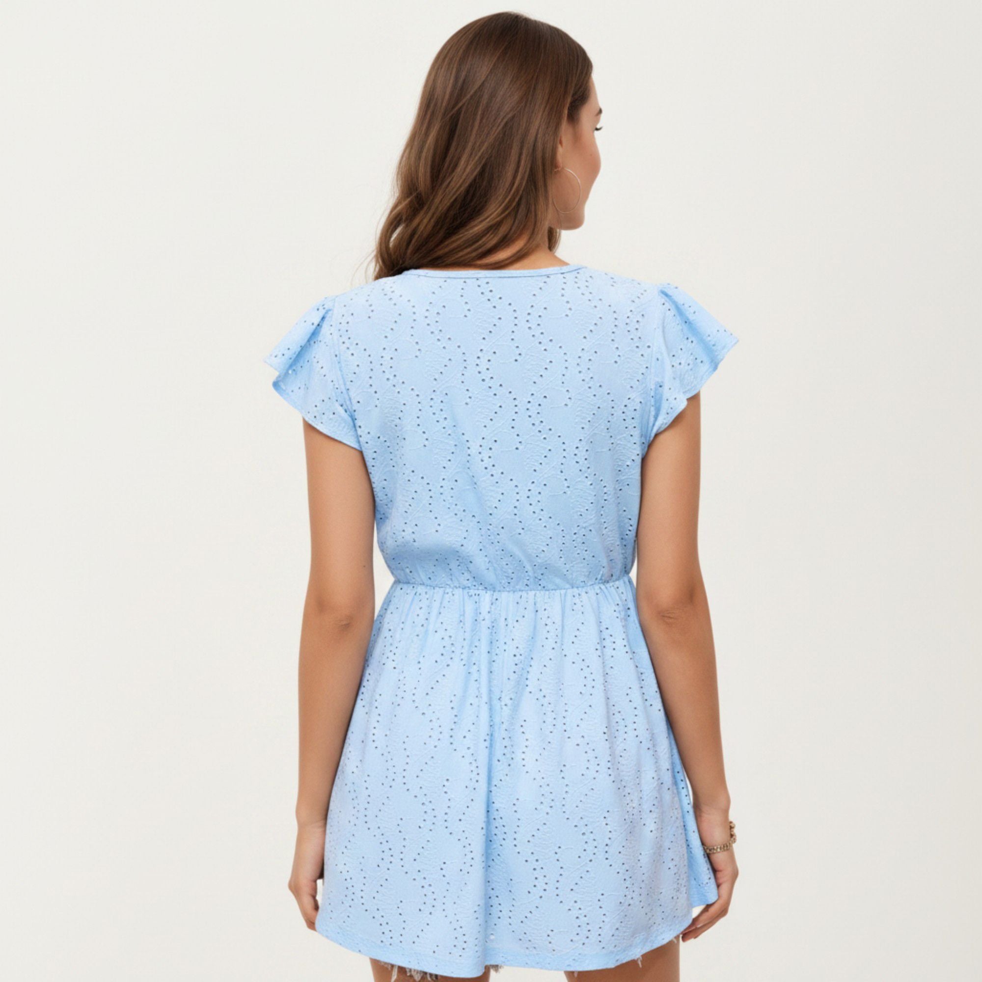 Anna-Kaci Women's Eyelet Babydoll Top with V-Neckline Button Front and Flutter Sleeves